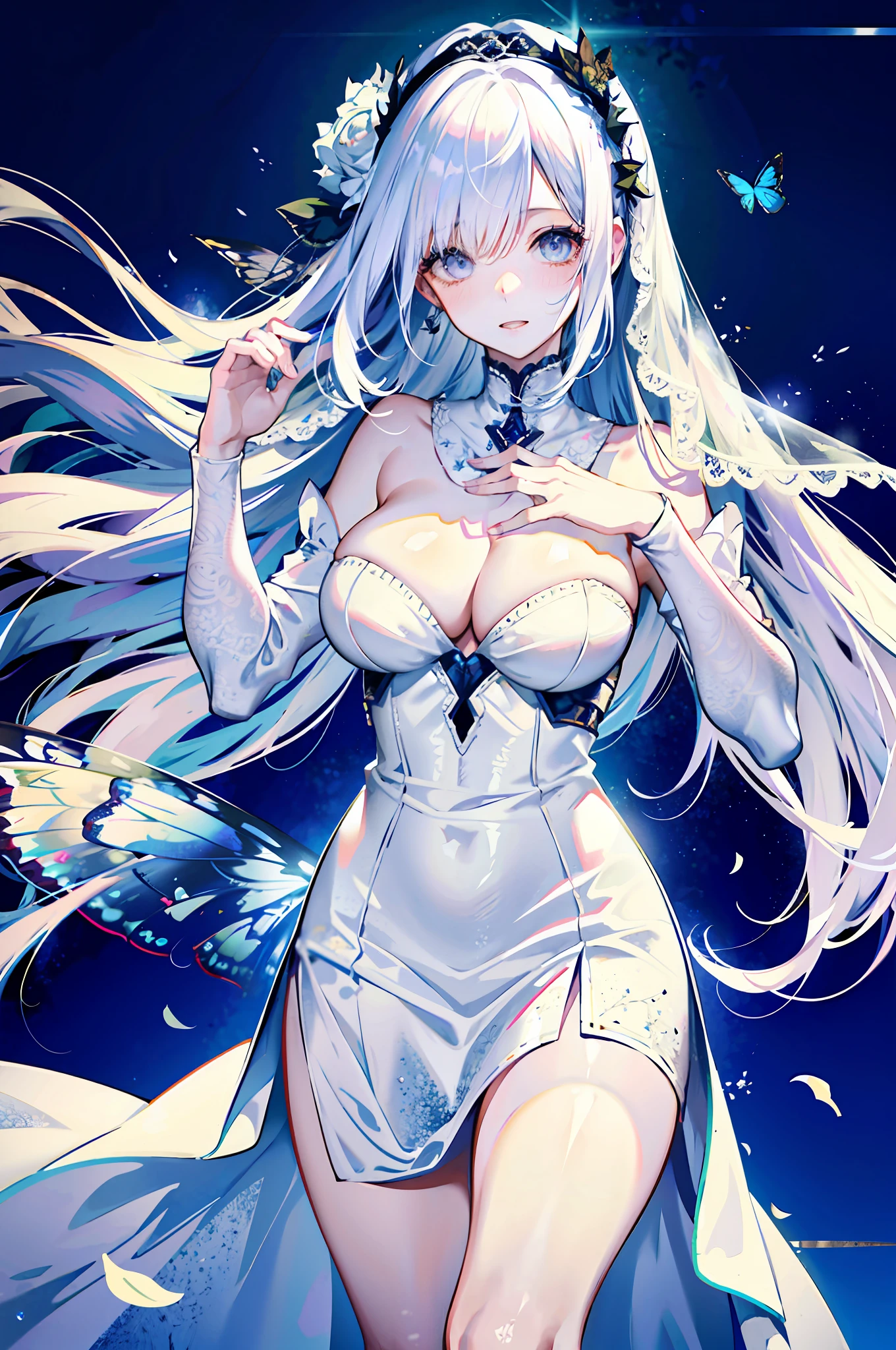 silber hair，butterflys，long whitr hair，white wedding gown，8k wallpaper，detailedbackground，Highest high resolution，deep v big breasts，Hair covers one eye，Bandeau wedding dress，chies，White rose，tight-fitting，chies，In the daytime，