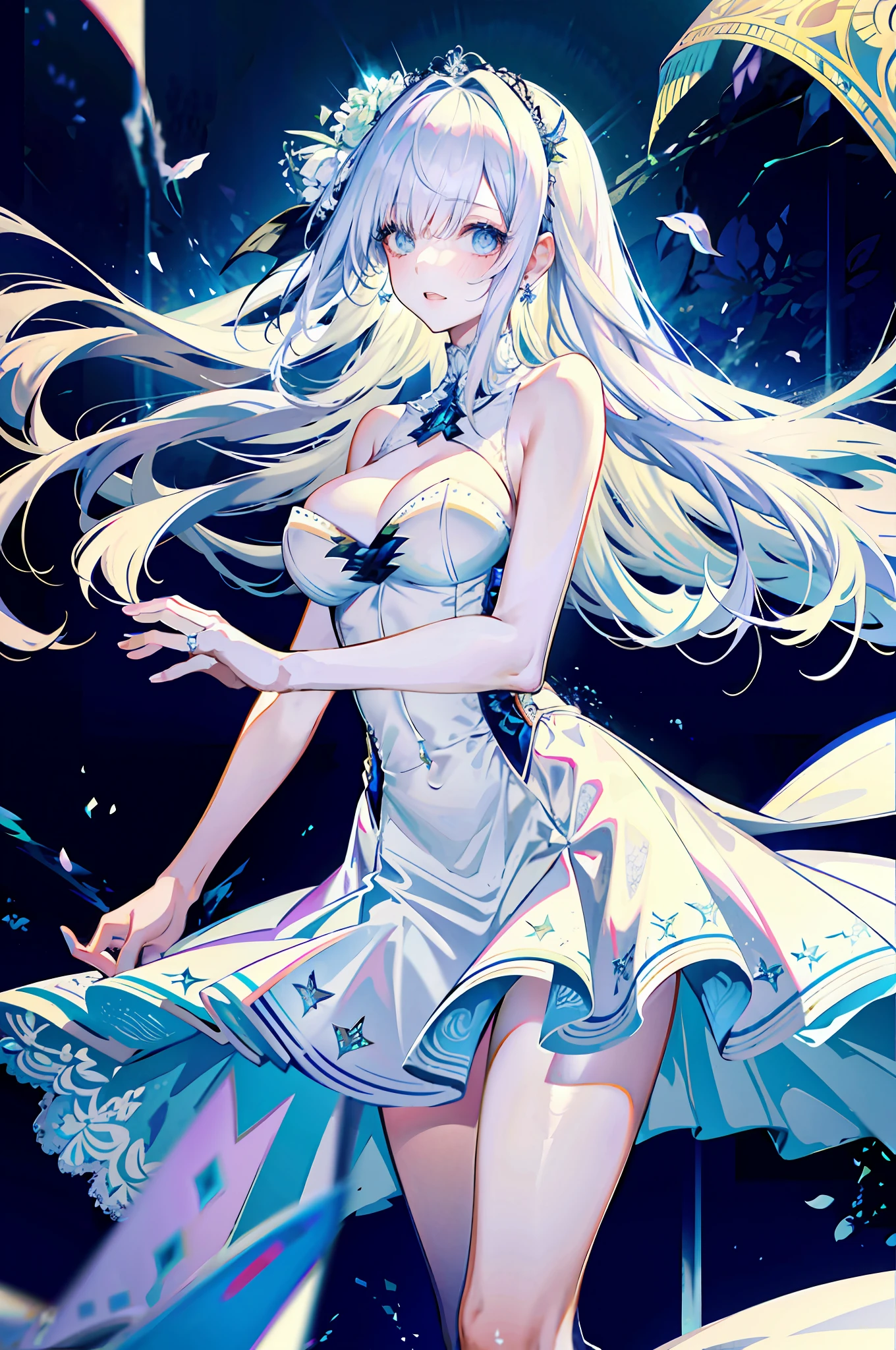 silber hair,butterflys,long whitr hair,white wedding gown,8k wallpaper,detailedbackground,Highest high resolution,deep v big breasts,Hair covers one eye,Bandeau wedding dress,chies,White rose,tight-fitting,chies,In the daytime,