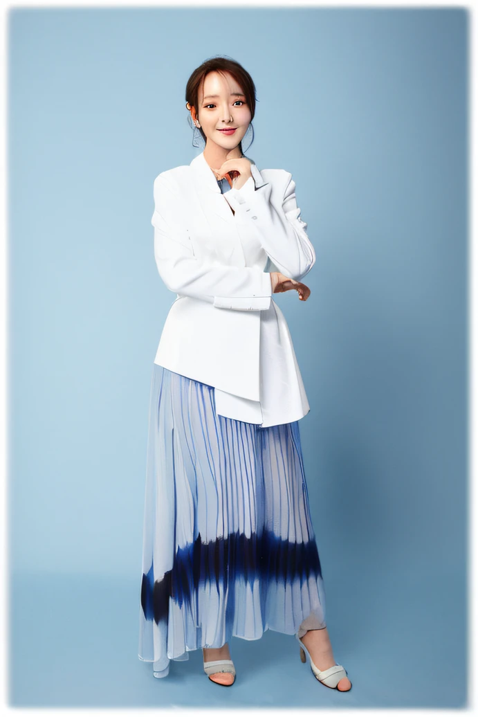 Arad woman posing for photo in white jacket and blue dress, inspired by Jeong Seon, shin min jeong, Single image, catalogue photo, ji-min, park jimin, Lee Ji-eun, lee ji eun, ( Side ) profile, sangsoo jeong, promotional images, Kwak Ji-young, full body portrait shot