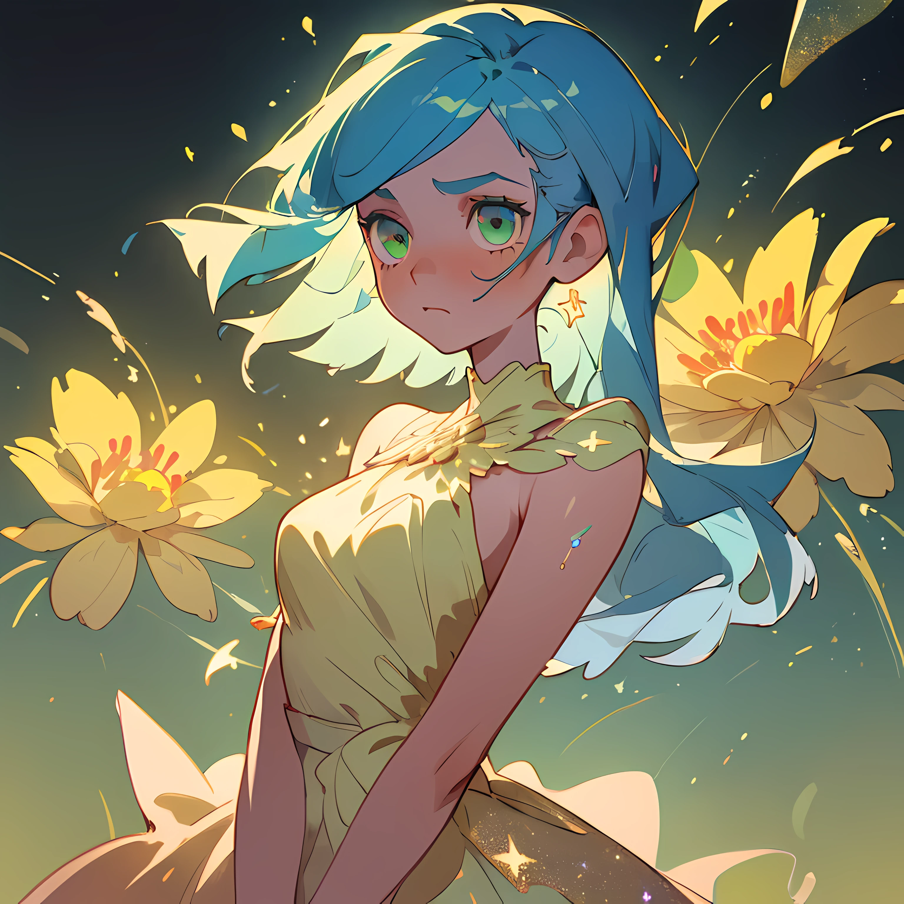 (Best quality, masterpiece) 1girl, desert, glitter, flowing dress, particles, gentle breeze, blooming flowers, focused on upper body, dark background, green eye contact, blue hair.