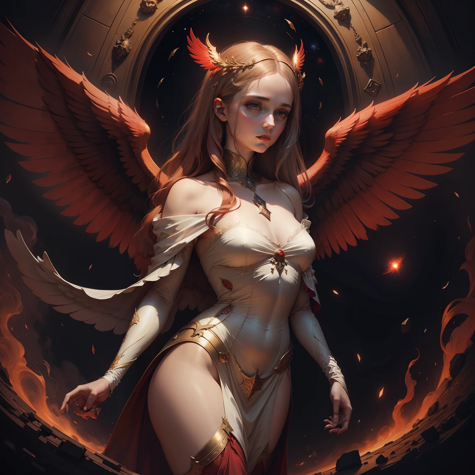 renaissance style painting of an angelic woman with wings and a red halo on a dark nebular and smokey background, red light background, horror scifi, cinematic, creepy.