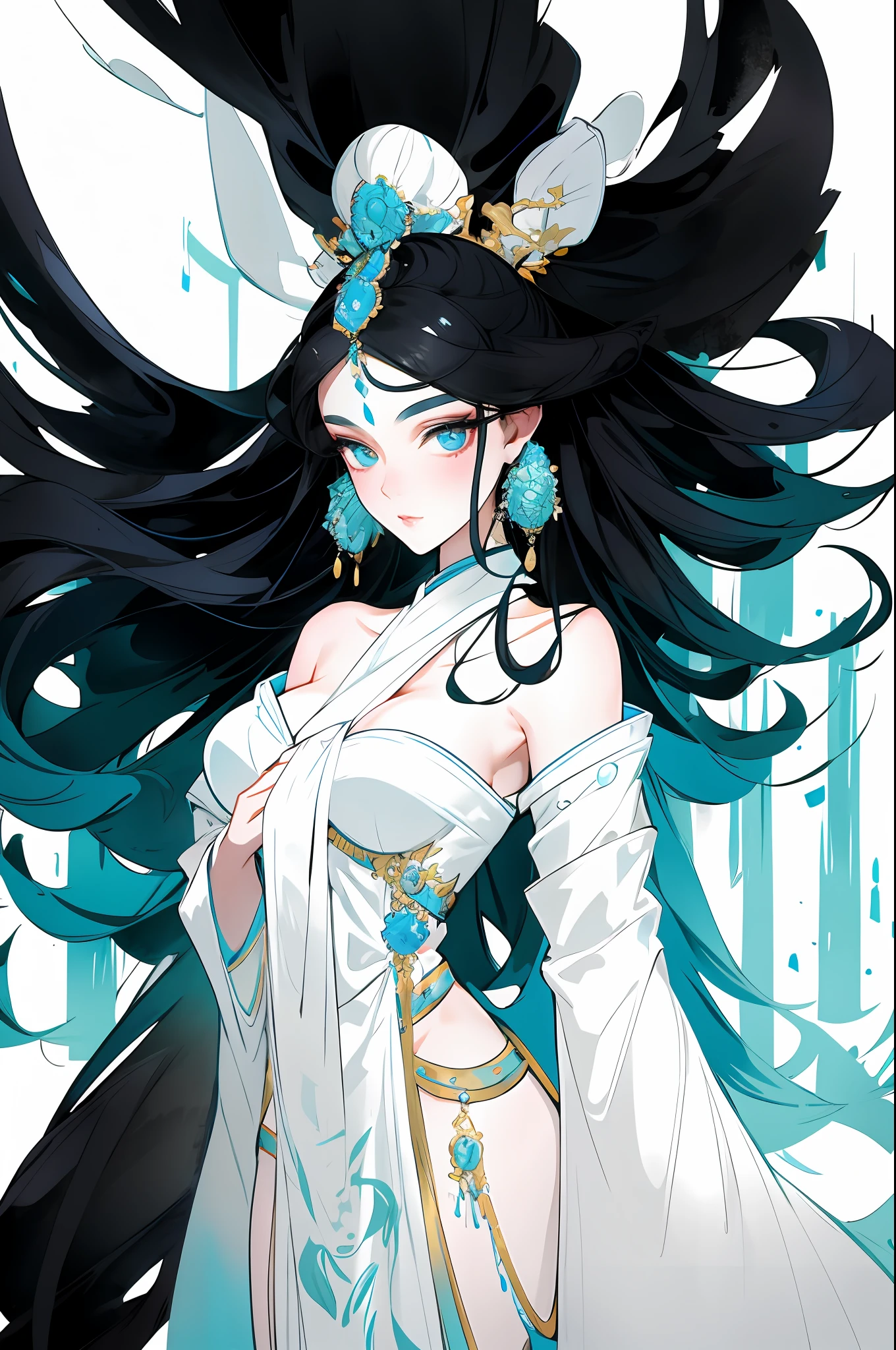 (Beautiful girl dressed in white),Full body standing painting,Wide sleeves,watery big eyes,Beautiful face and smooth fair skin,s delicate face,cabelos preto e longos,An ancient Chinese beauty,wearing ancient Chinese costume,gossamer,Colorful,Vivid and bright colors,Vibrant digital illustration,(clean backdrop),Ink painting style,Clean colors,Decisive cut,A white space,tmasterpiece, Ultra-delicate,Epic composition,high high quality,HighestQuali,4K