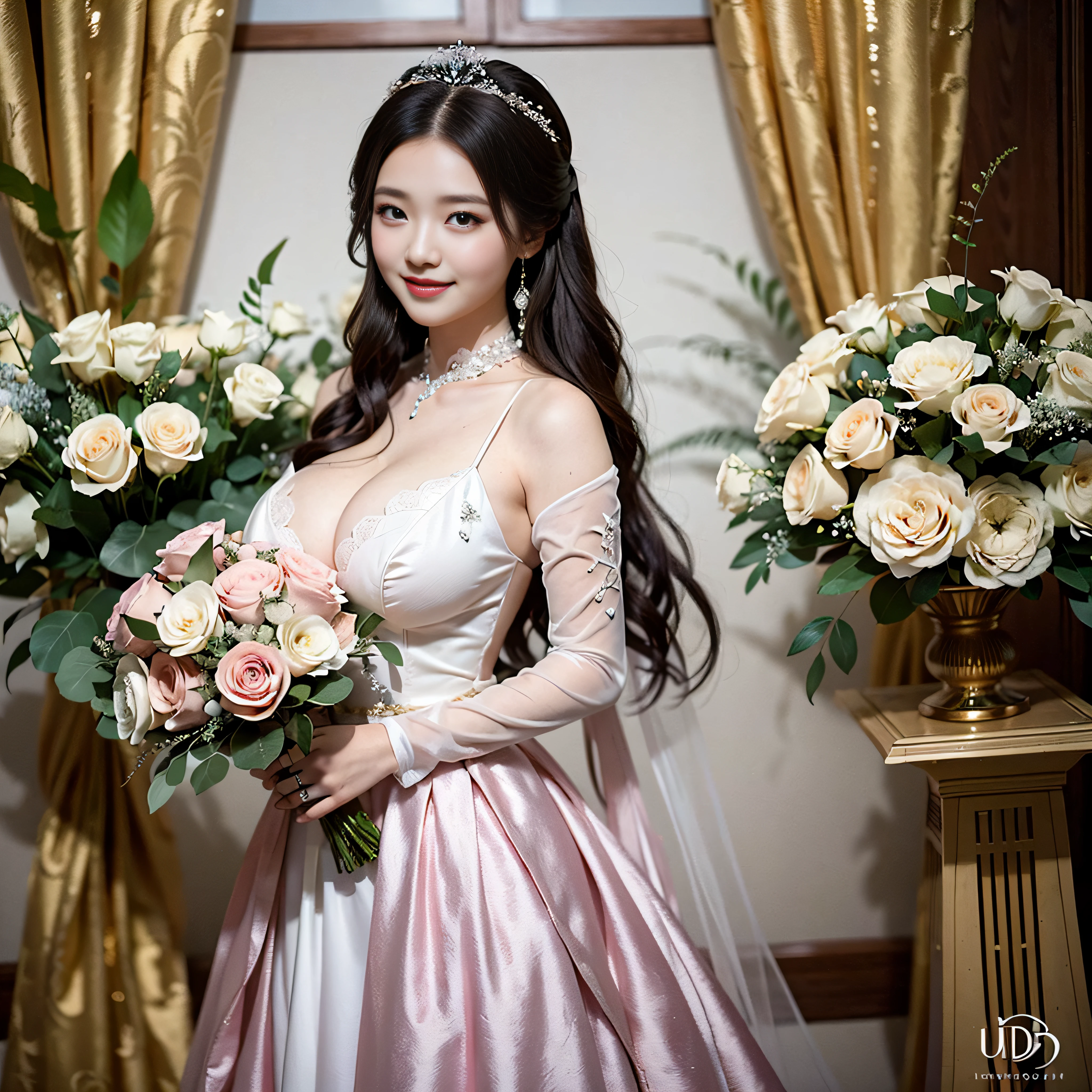 Woman in pale red prom dress with bouquet of flowers, Photograph Taken on Nikon D750, Photo taken with Nikon D 7 5 0, beautiful Korean women, Pale red wedding dresses,Silk Fabric,High-grade fabrics,Wedding dresses with fine embroidery, chinese princess, Korean female, Beautiful young Korean woman, huge tit,large full breasts,wedding photos, Korean Girl,Happy smile, professional wedding photography, palatial palace , a girl in hanfu
