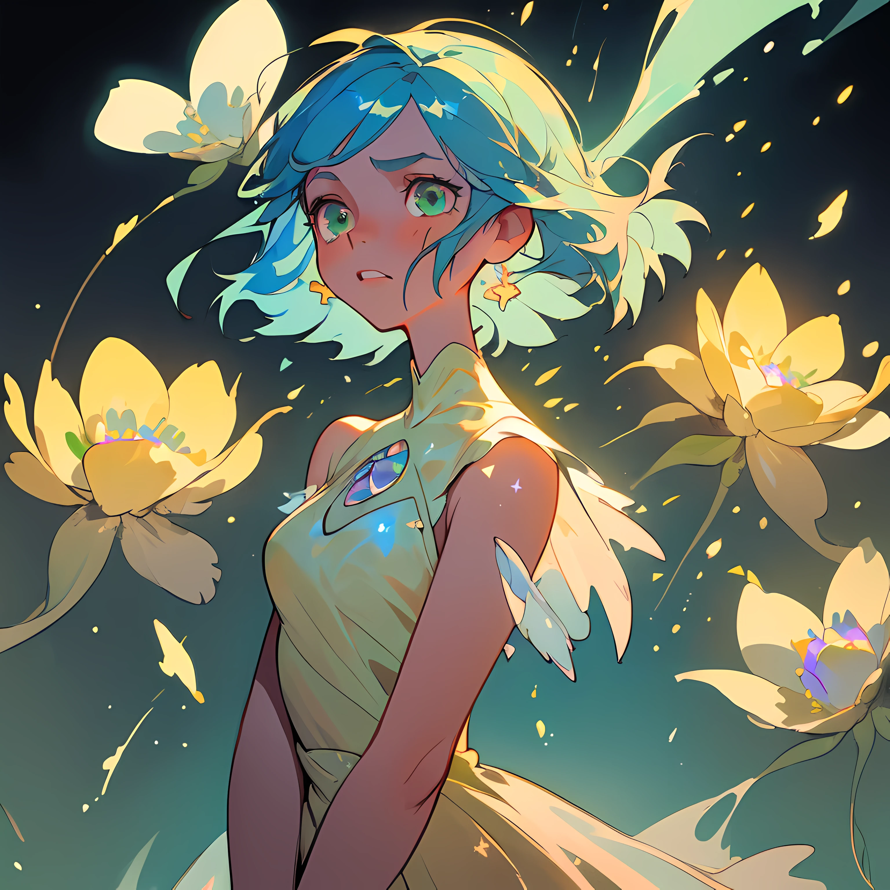 (Best quality, masterpiece) 1girl, desert, glitter, flowing dress, particles, gentle breeze, blooming flowers, focused on upper body, dark background, green eye contact, blue hair.