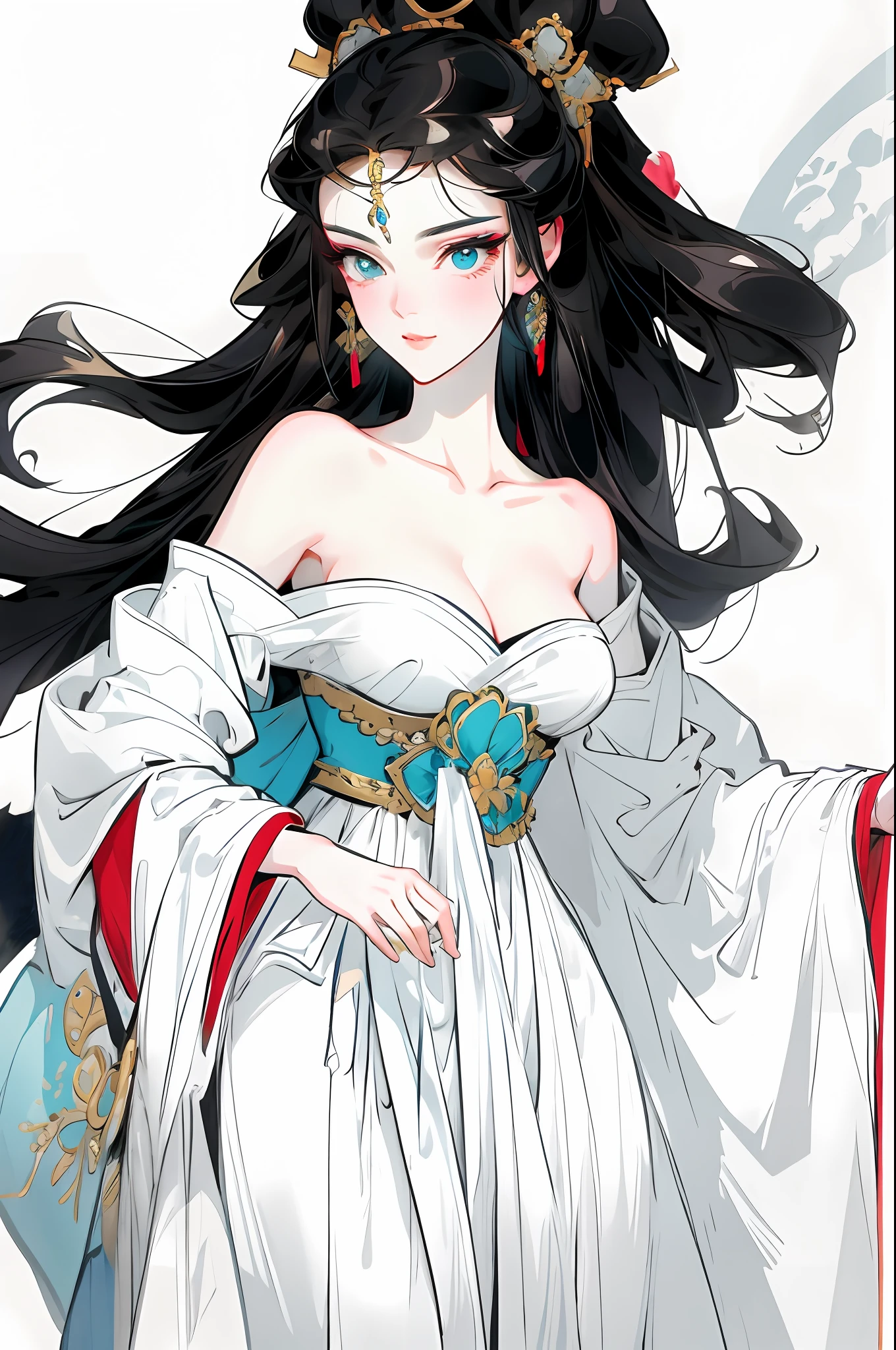 （Beautiful girl dressed in white），Full body standing painting，Wide sleeves，watery big eyes，Beautiful face and smooth fair skin，s delicate face，cabelos preto e longos，An ancient Chinese beauty，wearing ancient Chinese costume，gossamer，Colorful，Vivid and bright colors，Vibrant digital illustration，（clean backdrop），Ink painting style，Clean colors，Decisive cut，A white space，tmasterpiece， Ultra-delicate，Epic composition，high high quality，HighestQuali，4K