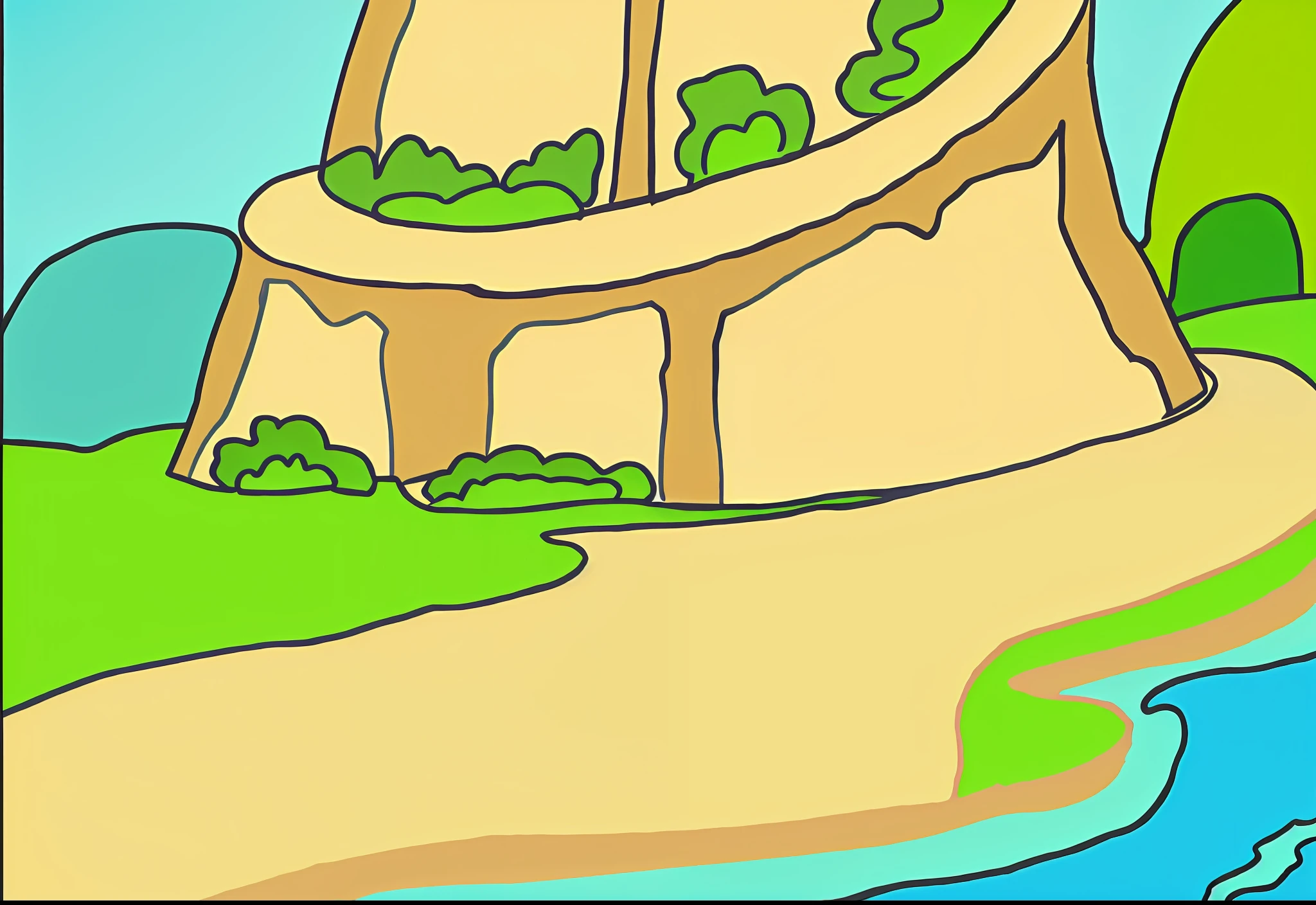 There is a cartoon picture of a tower with a river as a background, Island background, arte de fundo, random background scene, atlantis background, seaside backgroud, Detailed scenery —width 672, background artwork, background depicting a temple, background detail, detailed surroundings, Park background, Beach background, arena background, island with cave, background fortress