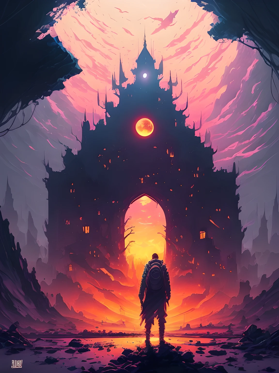 In the heart of a desolate, mist-shrouded landscape lies an ancient and imposing dark castle.. Encaramado en un acantilado rocoso, El castillo se cierne sobre el desierto circundante, Its needles reach into the melancholy sky. Una figura solitaria, envuelto en la oscuridad, Se encuentra en la entrada del castillo, as if drawn to explore the secrets hidden within. oscuro, Misterioso, misterioso, Brumoso, Gothic, Antiguo, Obsesionante, ominoso, presentimiento, Altamente detallado, foco nítido, intrincado, Iluminado por la luna, Dramatic lighting. arte por Wayne Barlowe, Greg Rutkowski, y Zdislav Beksinski. gothic architecture, dark fantasy illustration, y obras de arte macabras. Pintura digital altamente detallada, foco nítido, Imagen 4K UHD, cinematic view.
