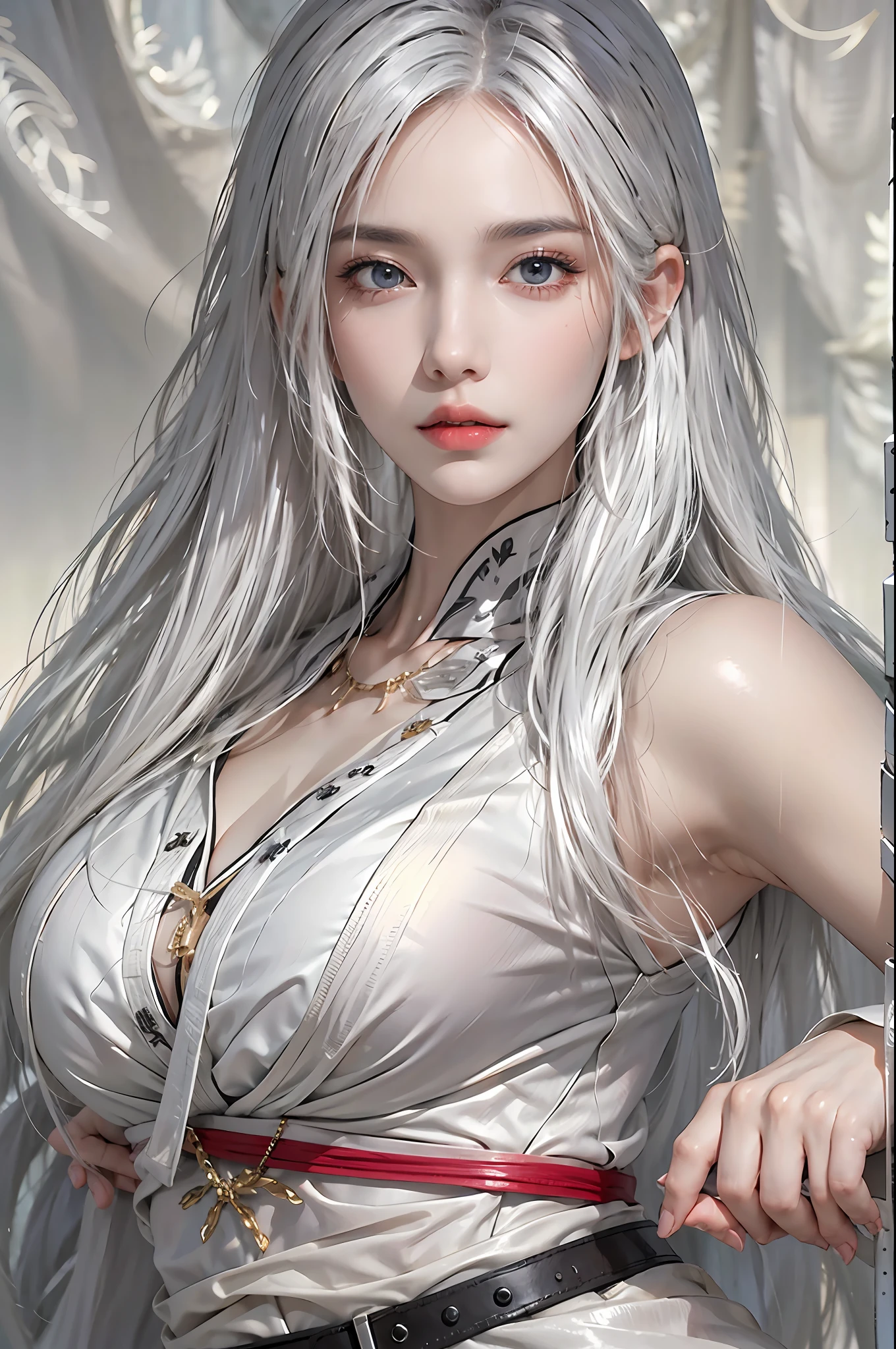 photorealistic, high resolution, 1 women, solo, hips_up, hips up, beautiful eyes, long hair, white hair, look at viewer, close lips, detailed face, long hair, NARAKA BLADEPOINT outfit, martial style