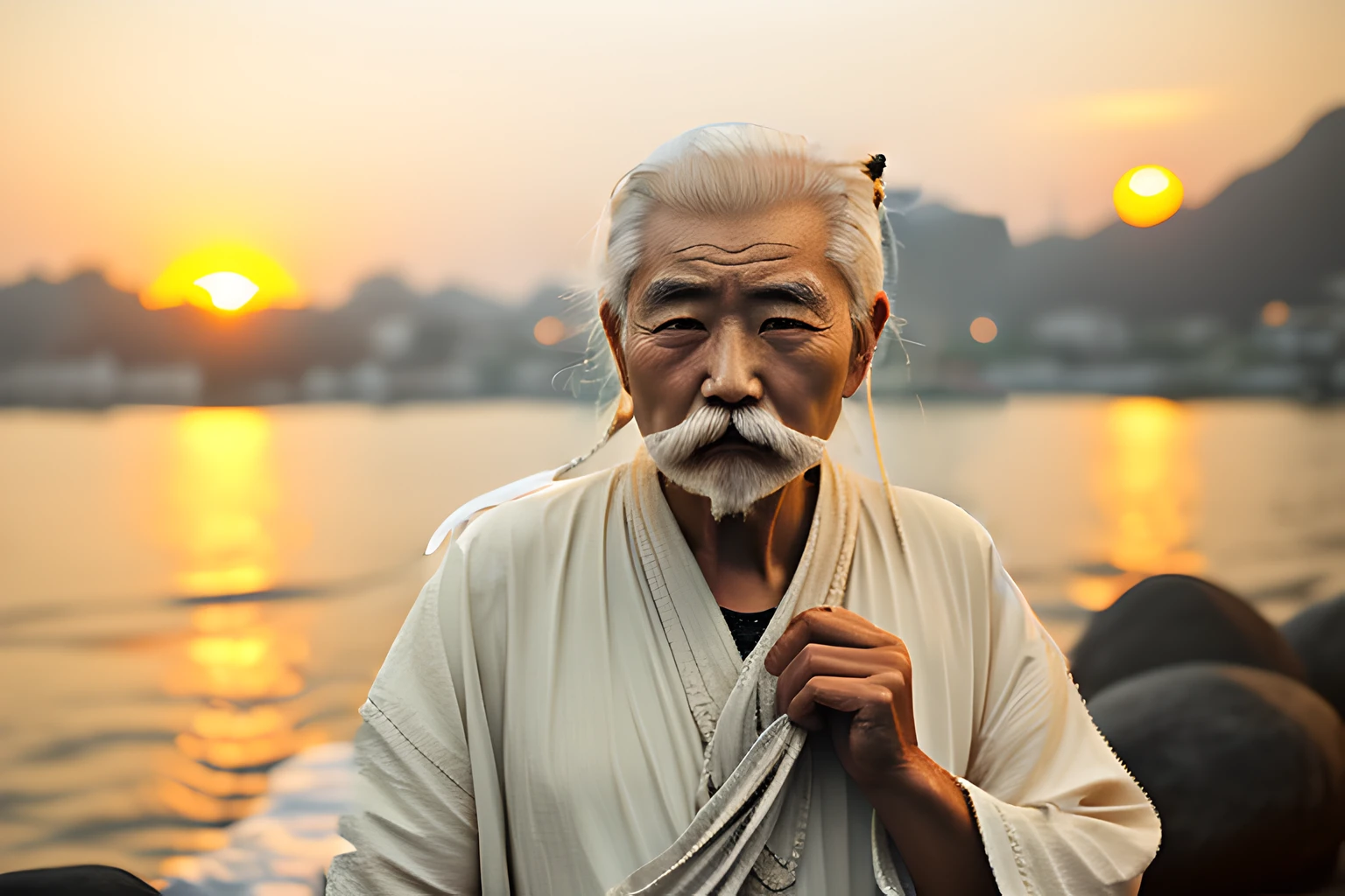 Chinese old man，White hair，tying  hair，short mustache，HD 4K，ultraclear