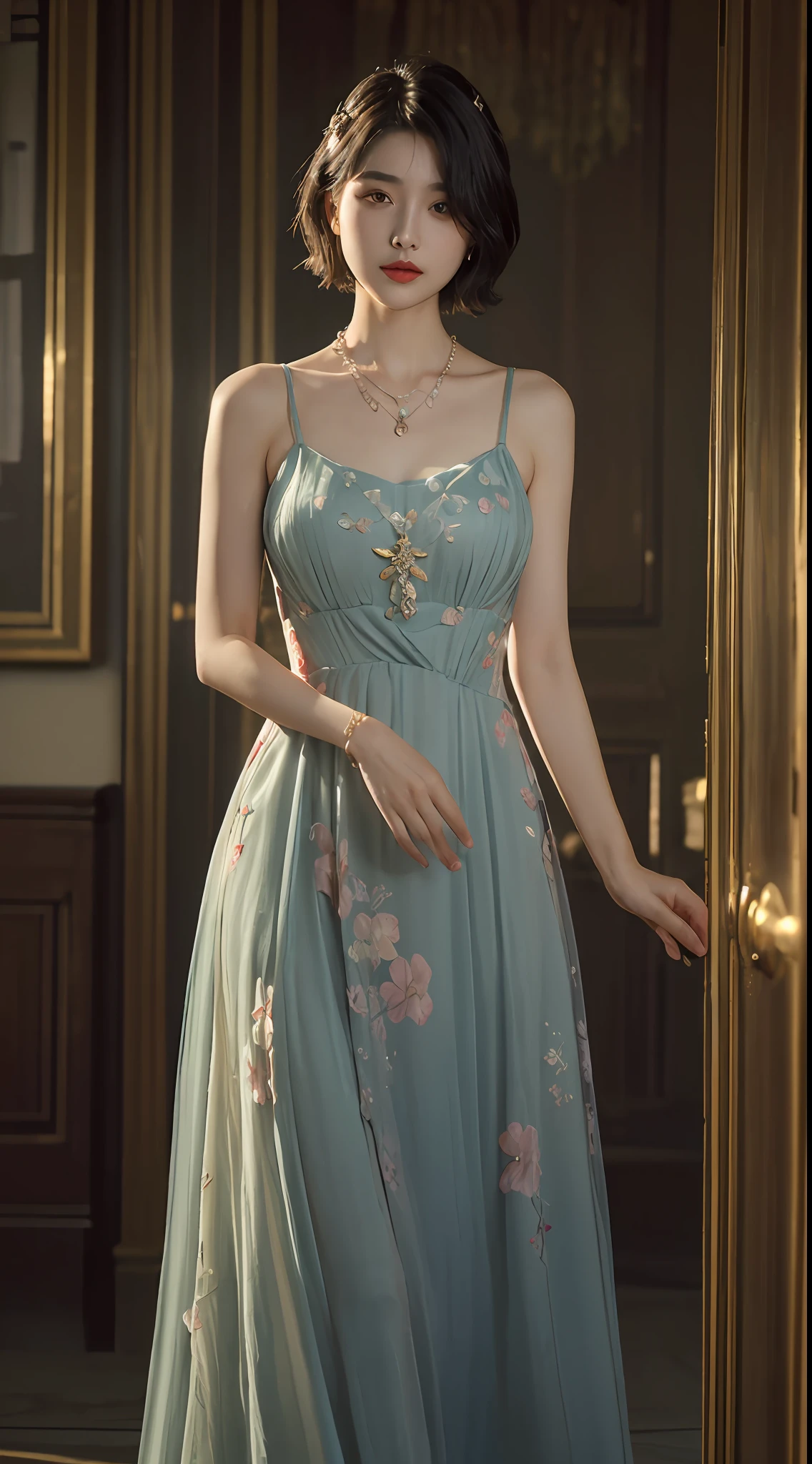top-quality、​masterpiece、超A high resolution、(Photorealsitic:1.5)、Raw foto、1girl in、murky、deep-shadows、Unobtrusive、cold light、sexy appearance、shorth hair、((very_short_hair))、((Luxury evening dresses))、((Luxurious painting))、((Luxurious necklace))、((Floral hair ornament))、((hair ornament))