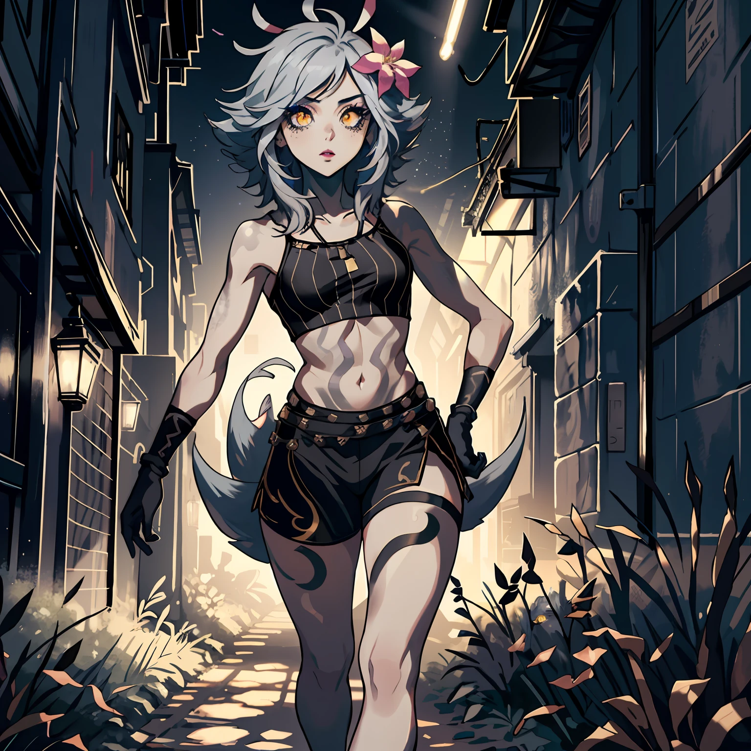 ((Cinematic light, Best quality, 8k, Masterpiece :1.3)), 1girl, Beautiful woman with thin abs :1.4, (light grey hair, small breasts :1.3), hopefully falling, seductive open lips, ultra-detailed face, detailed eyes, double eyelidwork, best quality, black hair flower, dark body painting, ((calango tail)),((goth)), steamy, sexual teasing, jojo position, hands shining purple, (((black makeup))), light grey skincolor, grey skin, unusual skincolor, ((pale white skin)), black bodypaint, ((black crop top)), jojo pose, ((black shorts)),