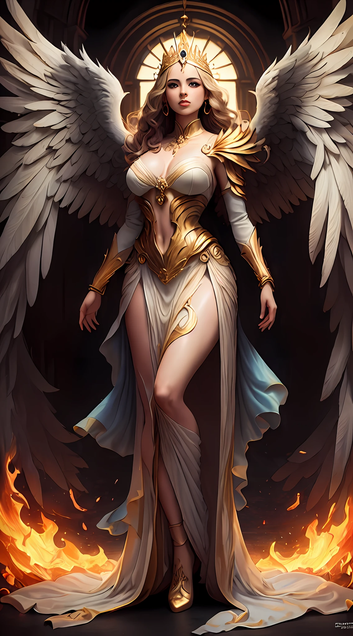 Pintura de una mujer con alas y un halo parada frente a un fuego, con ardientes alas doradas de llamas, Diosa del Fuego, Diosa de la ira, con ardientes alas doradas, aparece como la diosa del fuego, Arte del hechizo del fuego sagrado, tall female angel, Diosa del Fuego, full - body majestic angel, Diosa de la Luz, Artgerm Julie Bell Beeple, Hechizo de llama sagrada, Vibrant color palette game and super intricate great shadows, pintura mate, minuciosamente detallado, fino y delicadamente detallado, motor irreal delicadamente detallado con octanaje intrincado, fondo detallado en microminutos, complejidades 3D realzadas, Perfect and super detailed 8K composition, regla de los tercios, motionVFX, Sony Pictures Animation, The Foundry VFX, inmensamente perfecto, perfectamente detallado, intrincadamente definido, definitivamente real, Verdaderamente realista, Realistically epic, por Satori Canton, photography by alberto seveso