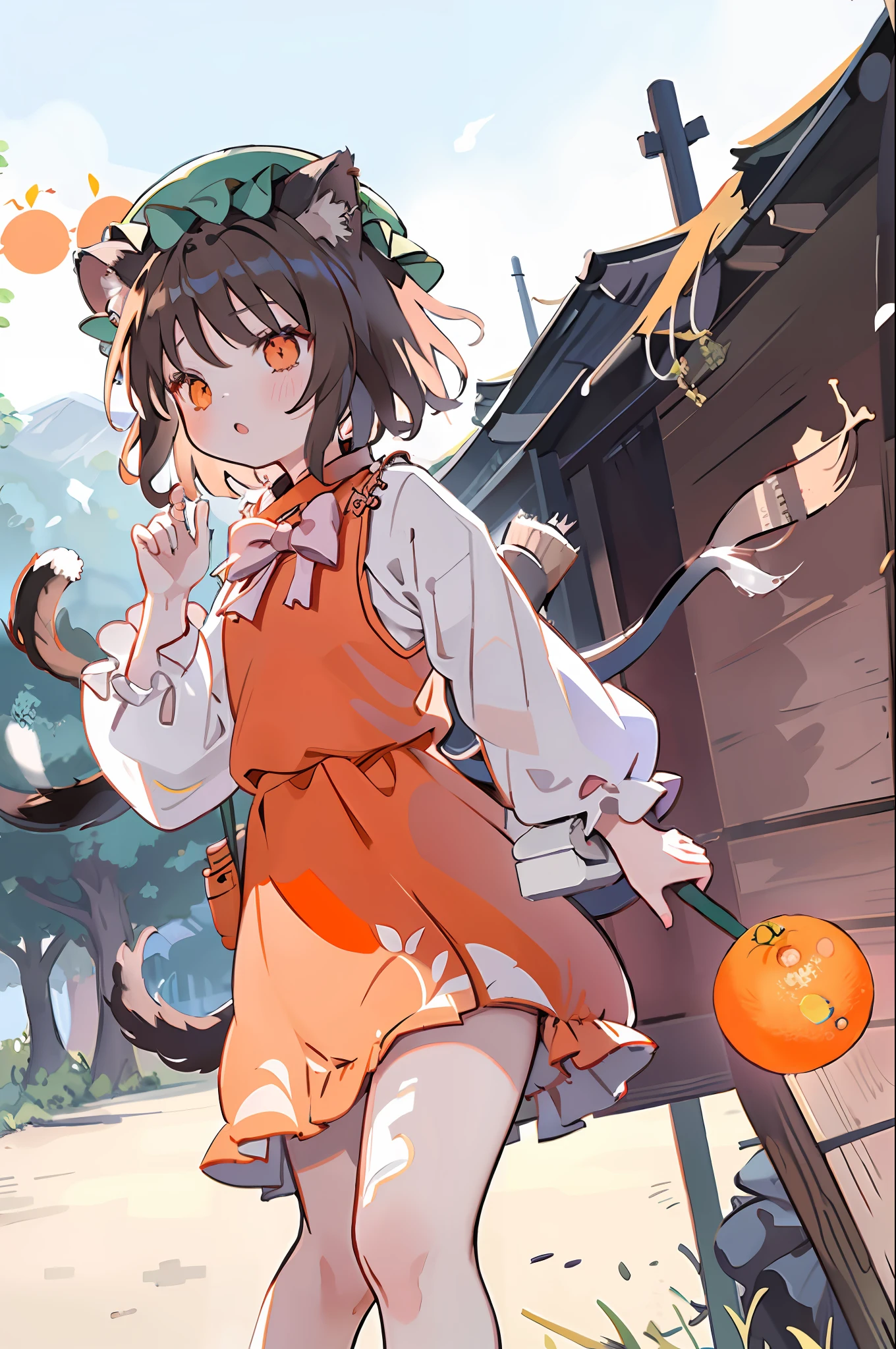 ​masterpiece, top-quality, 1girl, cheng,brown haired,shorth hair, Mob Hat, animal ear, 耳Nipple Ring, tailed, RED dress,the bow,tail((Yakumo Orange))