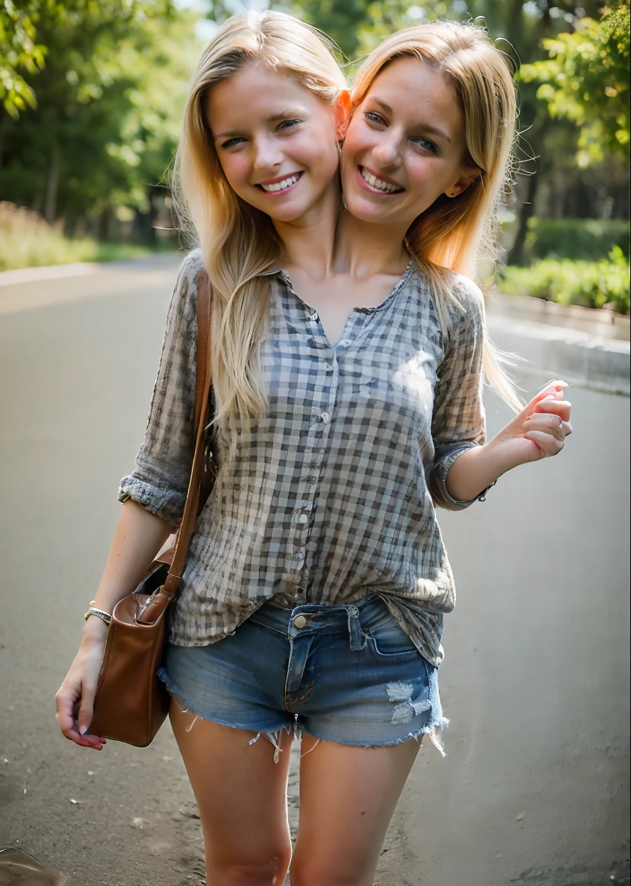 2heads, two headed girl, (mom and daughter sharing a body:1.5), (left head is a child:1.5), (one torso:1.5), (female:1.5), (blonde:1.5), (two heads attached to one body:1.4), conjoined twins, heads side by side, one body, young, uncomfortable, barefoot, bare breasts