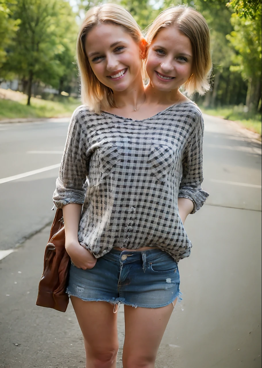2heads, two headed girl, (mom and daughter sharing a body:1.5), (left head is a child:1.5), (one torso:1.5), (female:1.5), (blonde:1.5), (two heads attached to one body:1.4), conjoined twins, heads side by side, one body, young, uncomfortable, barefoot, bare breasts