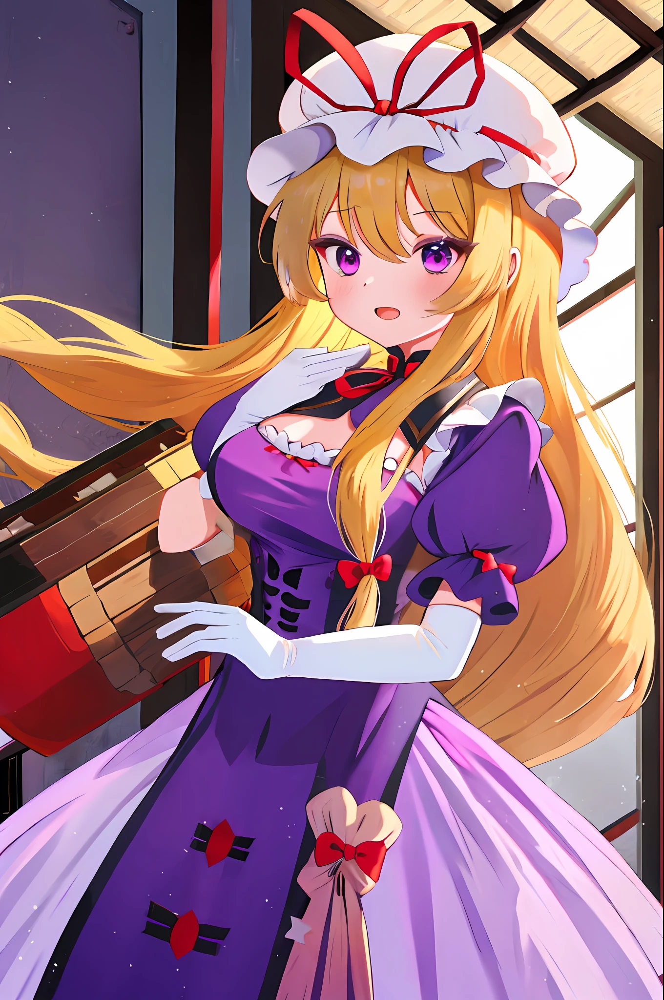 で, 1girl in, Bow, Blonde hair, breasts, Dress, Fine Art Parody, gloves, hair between eye, Hair Bow, Hand up, hat, hat ribbon, Hardy Gurdy, Indoors, musical instrument, Long hair, mob cap, Open mouth, parody, Puffy Short Sleeves, Puffy sleeves, Purple Dress, Purple eyes, bow ribbon, Upper body, Yakumo Yukari