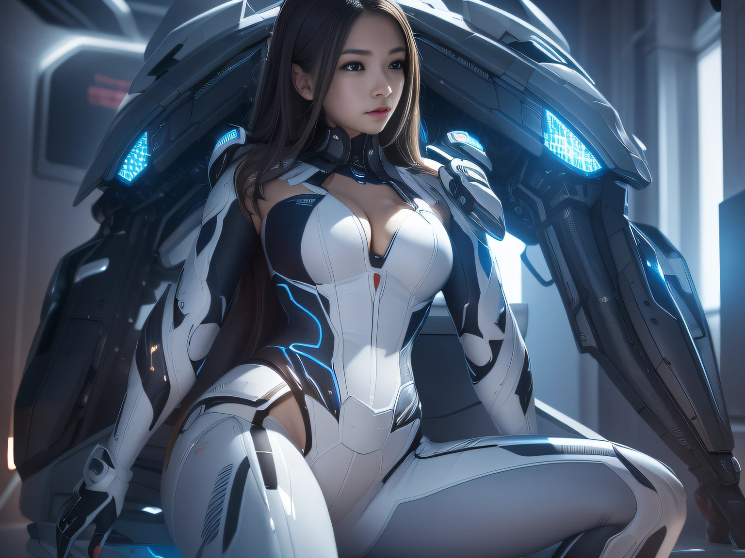 Highest image quality，Outstanding details，超高分辨率，（Fidelity：1.4）, Favor the details，closeup cleavage，The background is a high-tech lighting scene in the future city，High-tech dragon knight mech，He has a delicate and beautiful face，（（Blue-white flying semi-mechanical fuselage：1.8）），high-tech weapon，Raised sexy，frontage，cyber punk perssonage，Futuristic，mechanically aesthetic，Virtual Engine 5，Perfect detail rendering，rendering by octane，hyper HD
