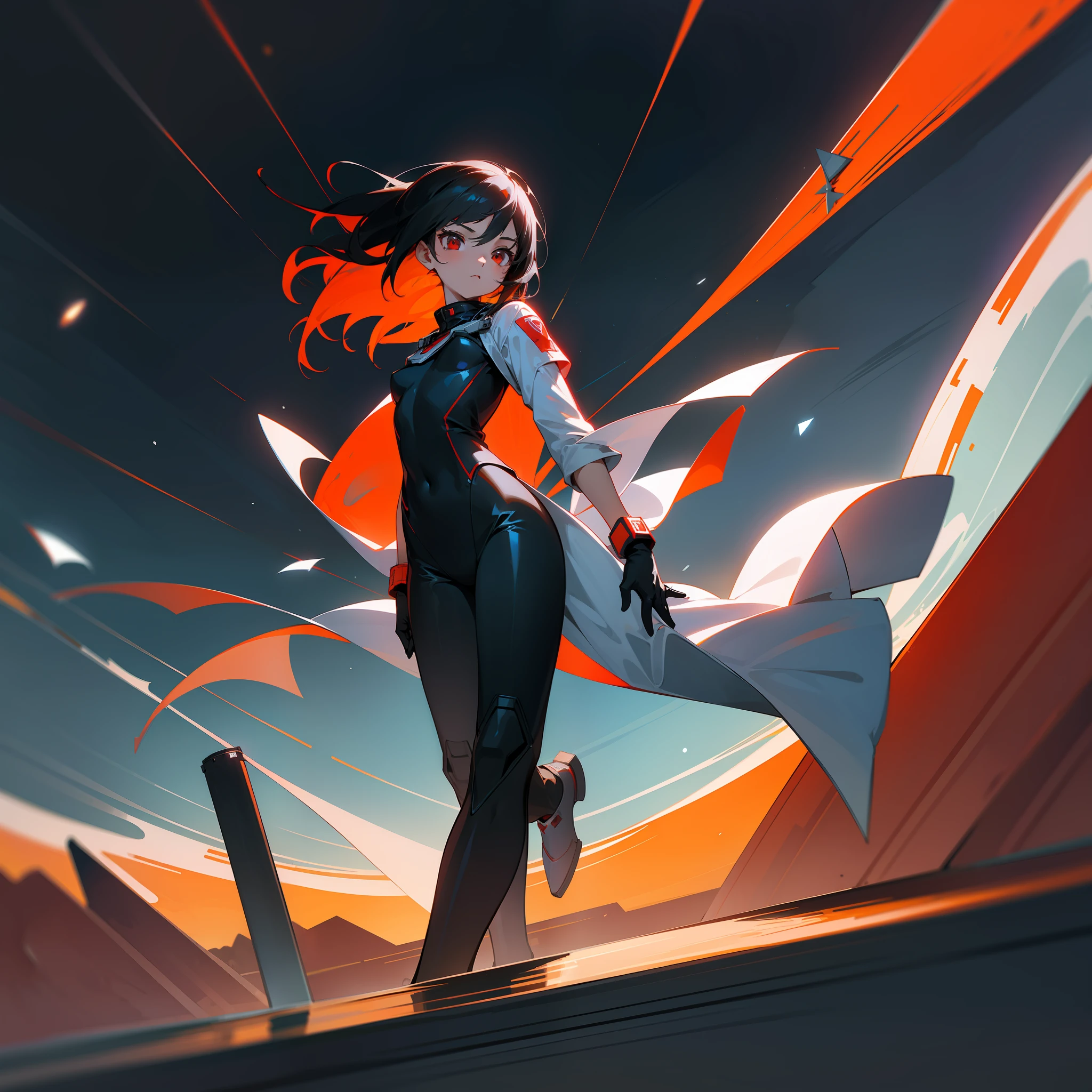 1girl, flat chested, cute, beautiful detailed eyes, shiny hair, visible through the hair, hair between the eyes, CCCPposter, sovietposter, red monochrome, Soviet poster, USSR, communism, black hair, red eyes, vampire ,girl,small breasts,spacesuit:Orange_clothing_body:jumpsuit ), white_gloves, white_space shoes, white_helmet, CCCP scarlet letters on the top of the helmet, weightlessness, Side light, reflection, the person in the spacesuit is at the bottom left of the picture, right hand outstretched, right hand Gently touch the Salyut space station), the space station in the upper right corner of the screen, the reflected light of the sun, silver metal, red flag, brilliance, Soviet style, diffuse reflection, metal texture, blue earth in the distance, mech style, star sea, high-profile, majestic