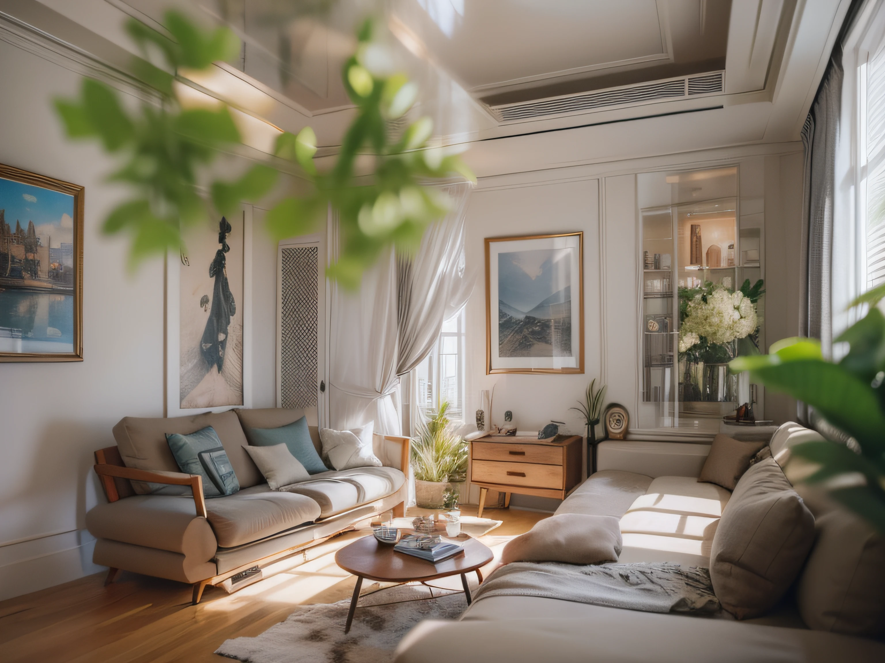 High-detail RAW color photography, Modern living room in avant-garde style, (higly detailed, hyper-detailing, Entanglement), (lens glare: 0,7), (bloom: 0,7), particle fx, ray traced, 电影灯光, Shallow depth of field, photographed with Sony a9 II, 50mm wide angle lens, sharp-focus