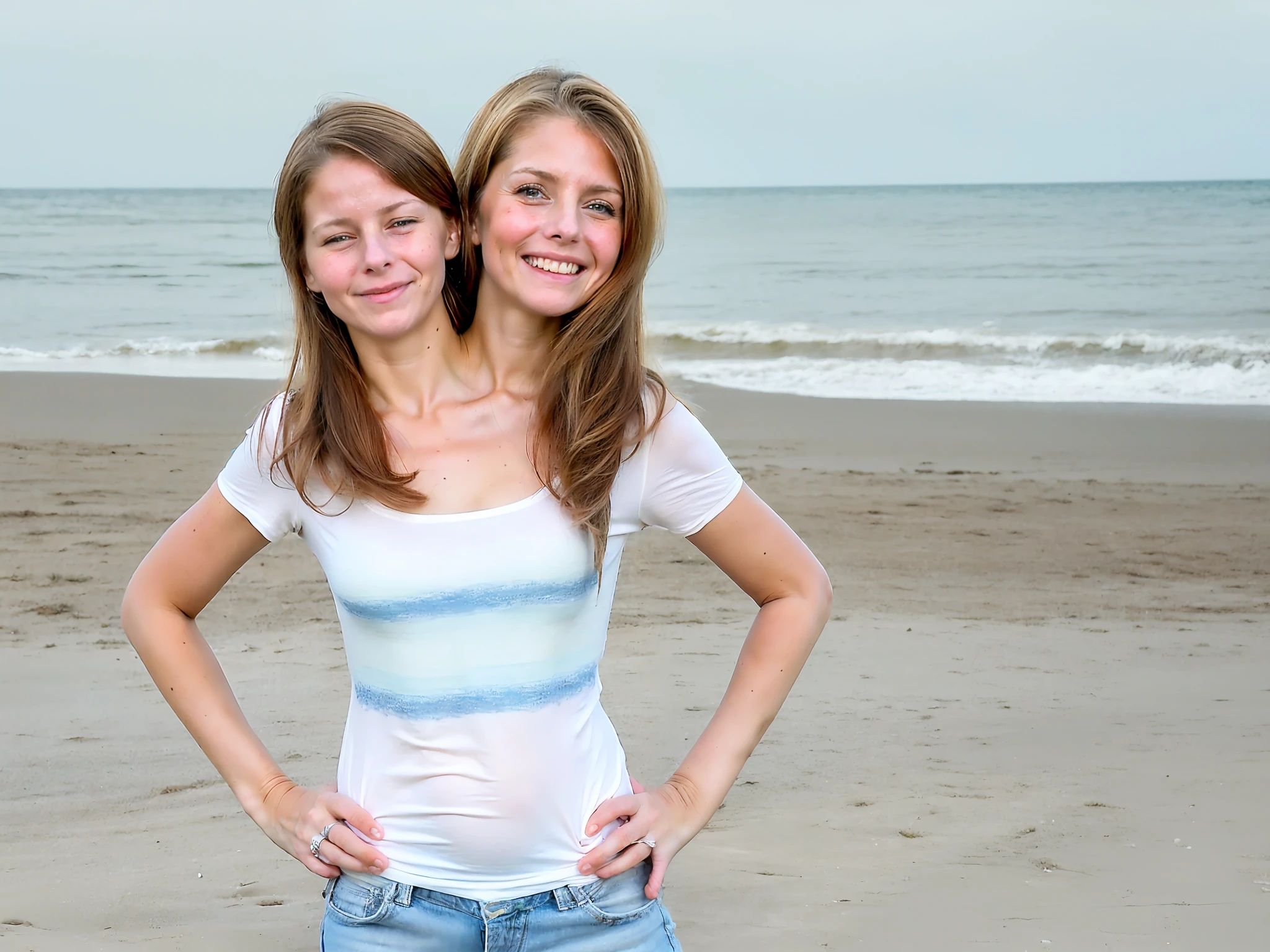 2heads, two headed girl, (mom and daughter attached to each other:1.5), (left head is a child:1.5), (one torso:1.5), (female:1.5), (blonde:1.5), (two heads attached to one body:1.4), conjoined twins, heads side by side, one body, young, uncomfortable, barefoot, bare breasts