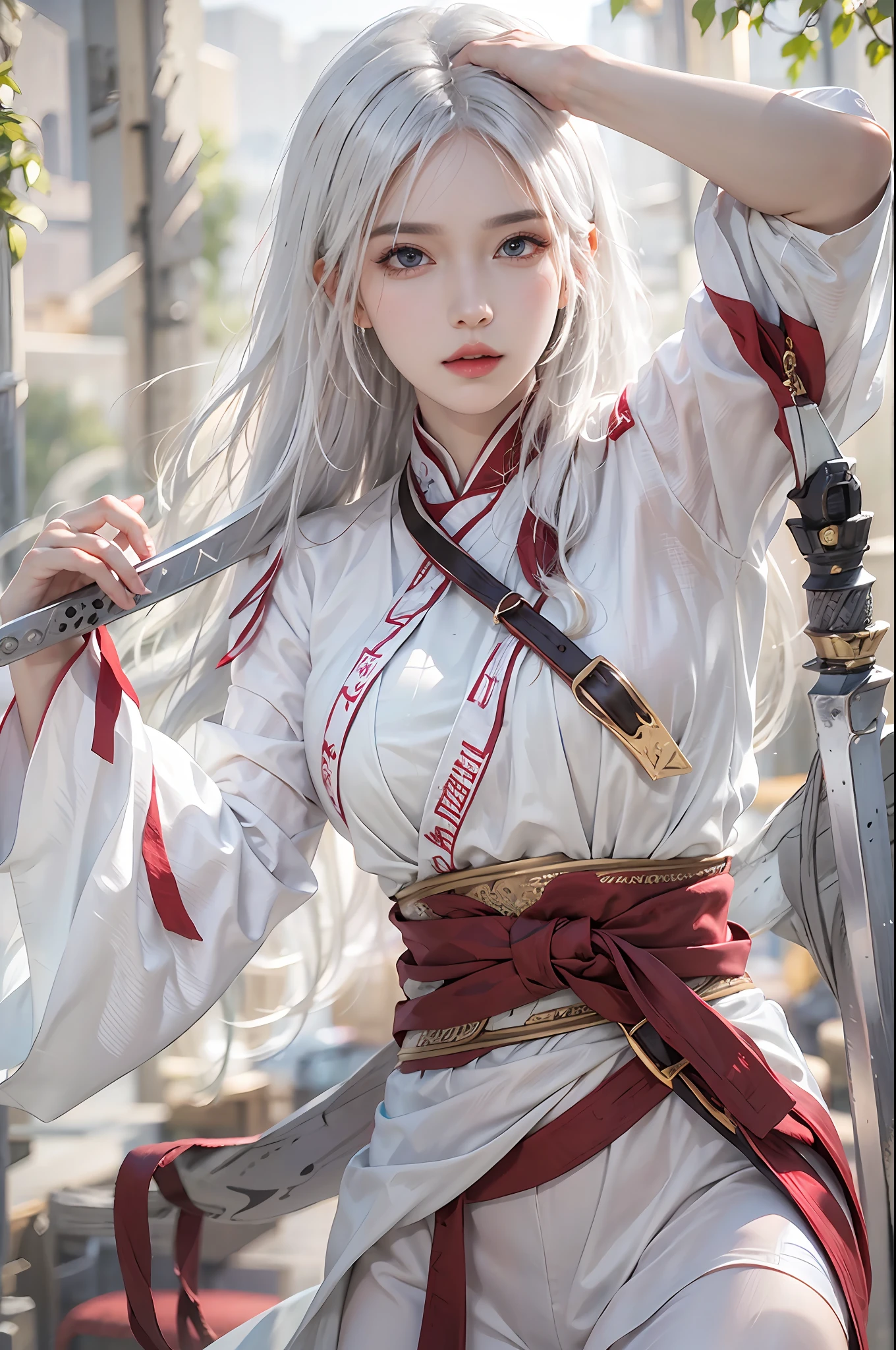 photorealistic, high resolution, 1 women, solo, hips_up, hips up, beautiful eyes, long hair, white hair, look at viewer, close lips, detailed face, long hair, NARAKA BLADEPOINT outfit, martial style