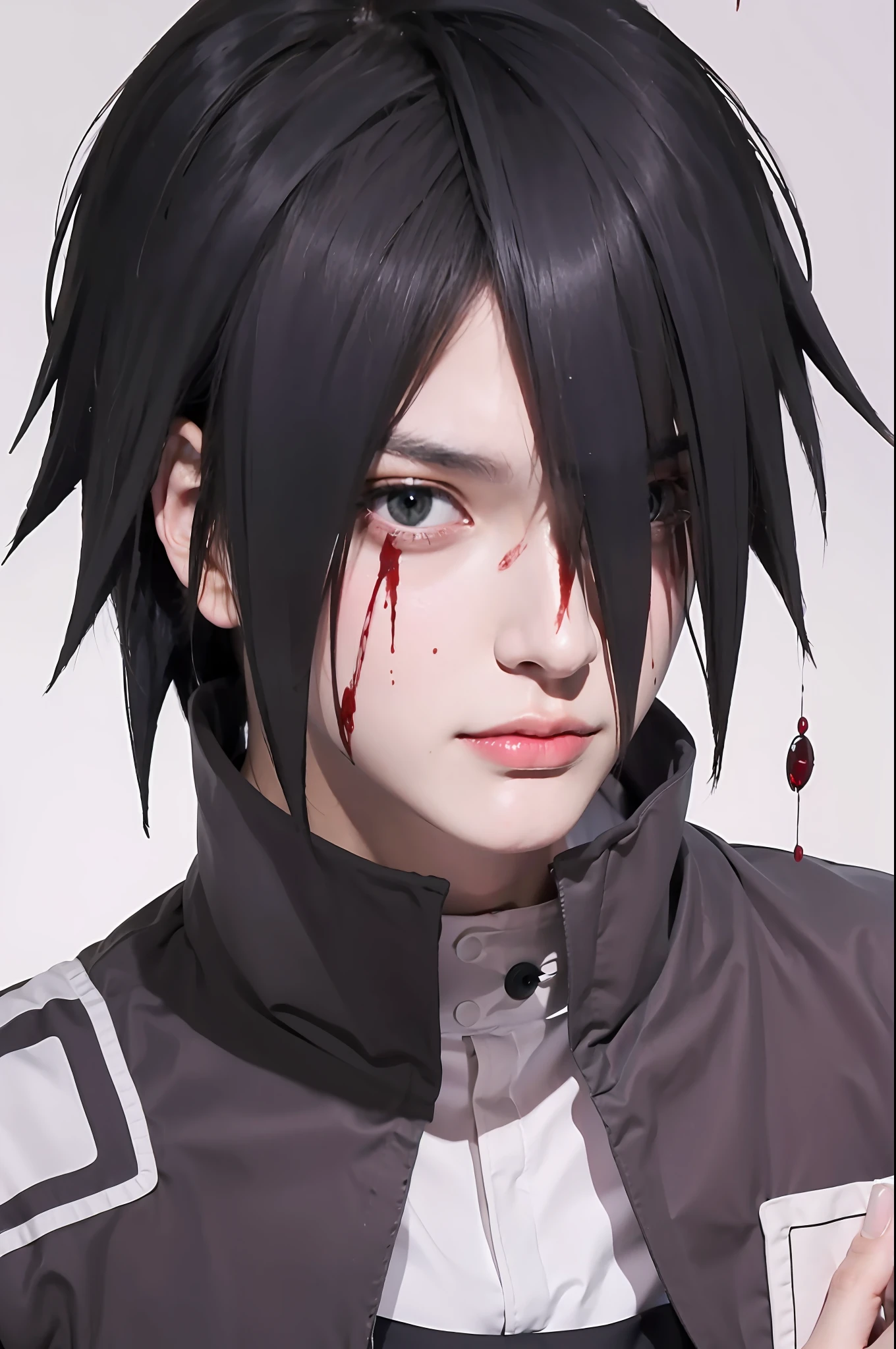 Highly detailed, High Quality, Masterpiece, beautiful, CryingBlood, blood, 1boy, solo, close-up, sasuke boruto, mangekyou sharingan, 8k resolution, realistic,