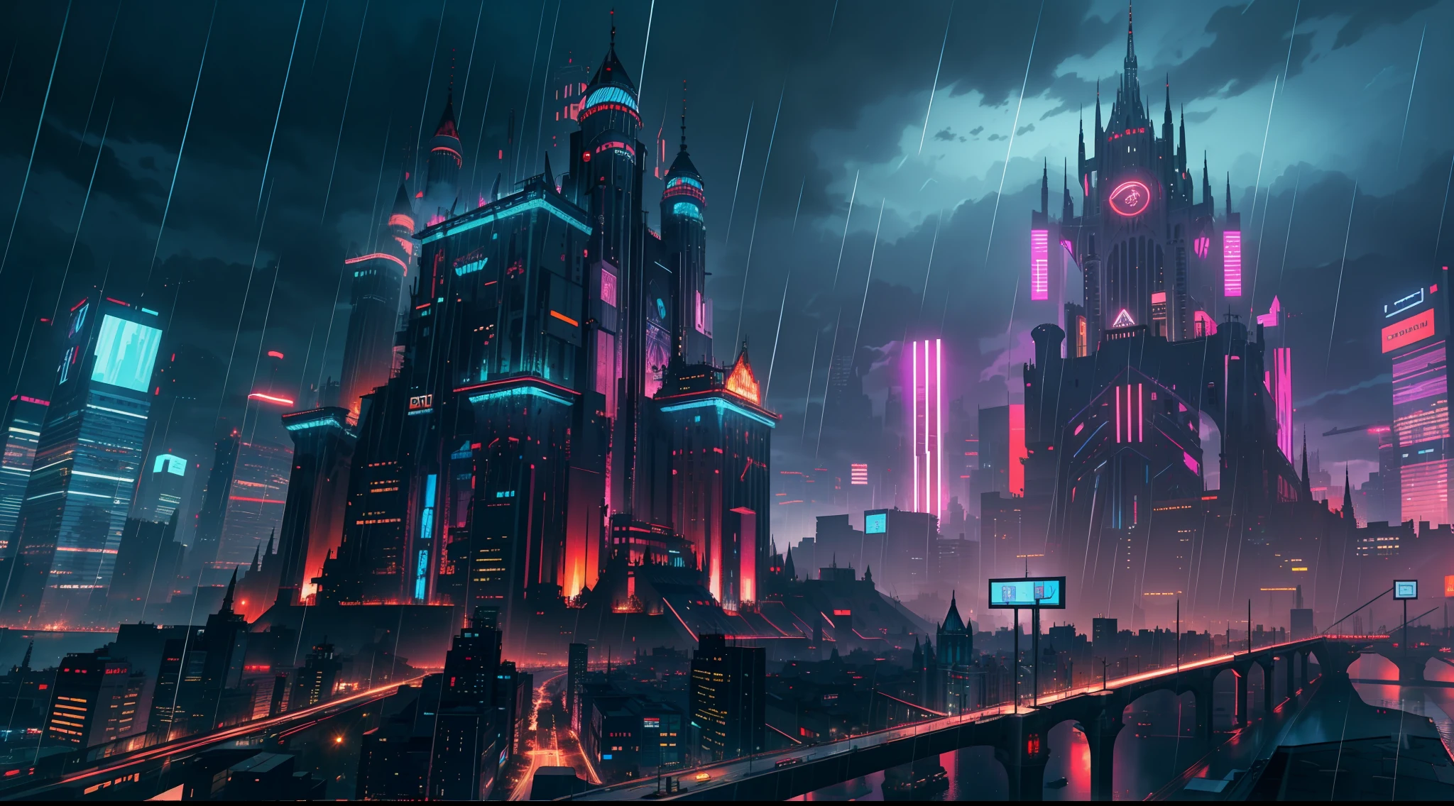 A realistic dark castle with a cyberpunk or futuristic look, towering over a neon-lit cityscape, flying trays transporting goods between the skyscrapers, illuminated towers with holographic projections, all set against a moody, rain-soaked environment, conveying a sense of mystery and intrigue, Photography, shot with a wide-angle lens (24mm) to capture the grandiosity of the castle and the sprawling city,