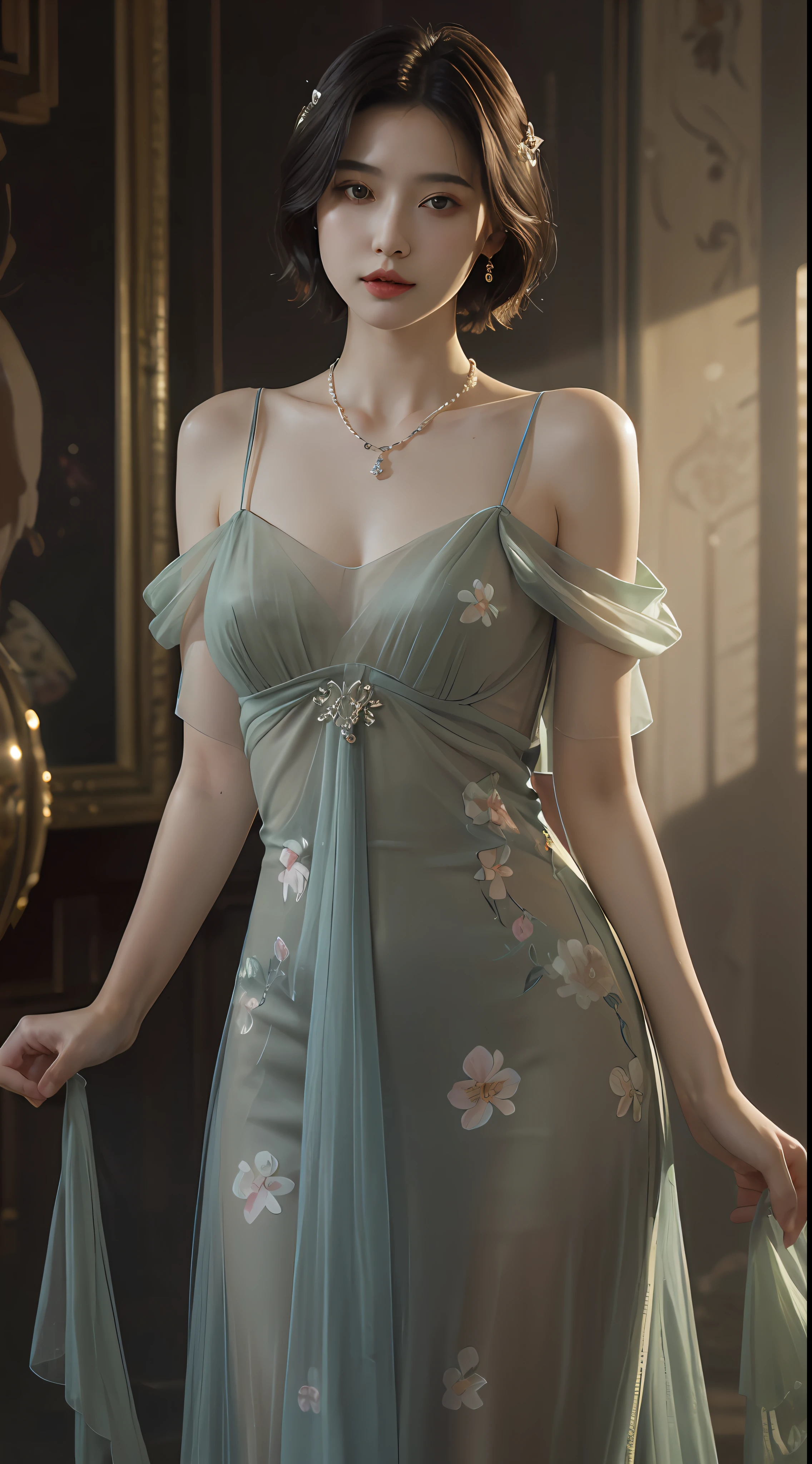 top-quality、masterpiece、超A high resolution、(Photorealsitic:1.5)、Raw foto、1girl in、murky、deep-shadows、Unobtrusive、cold light、sexy appearance、shorth hair、((very_short_hair))、((Luxury evening dresses))、((Luxurious painting))、((Luxurious necklace))、((Floral hair ornament))、((hair ornament))