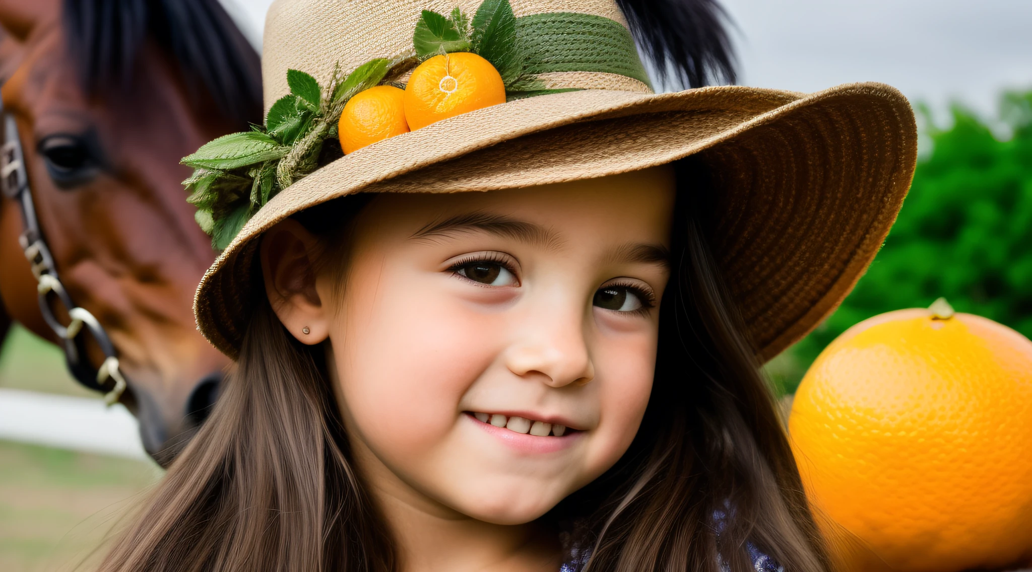 estilo russo, Girl children, portrait , DARK long hair braids with hat, estilo fazendeira, com rolos de feno e trigo e cavalo, celeiros, ORANGES.