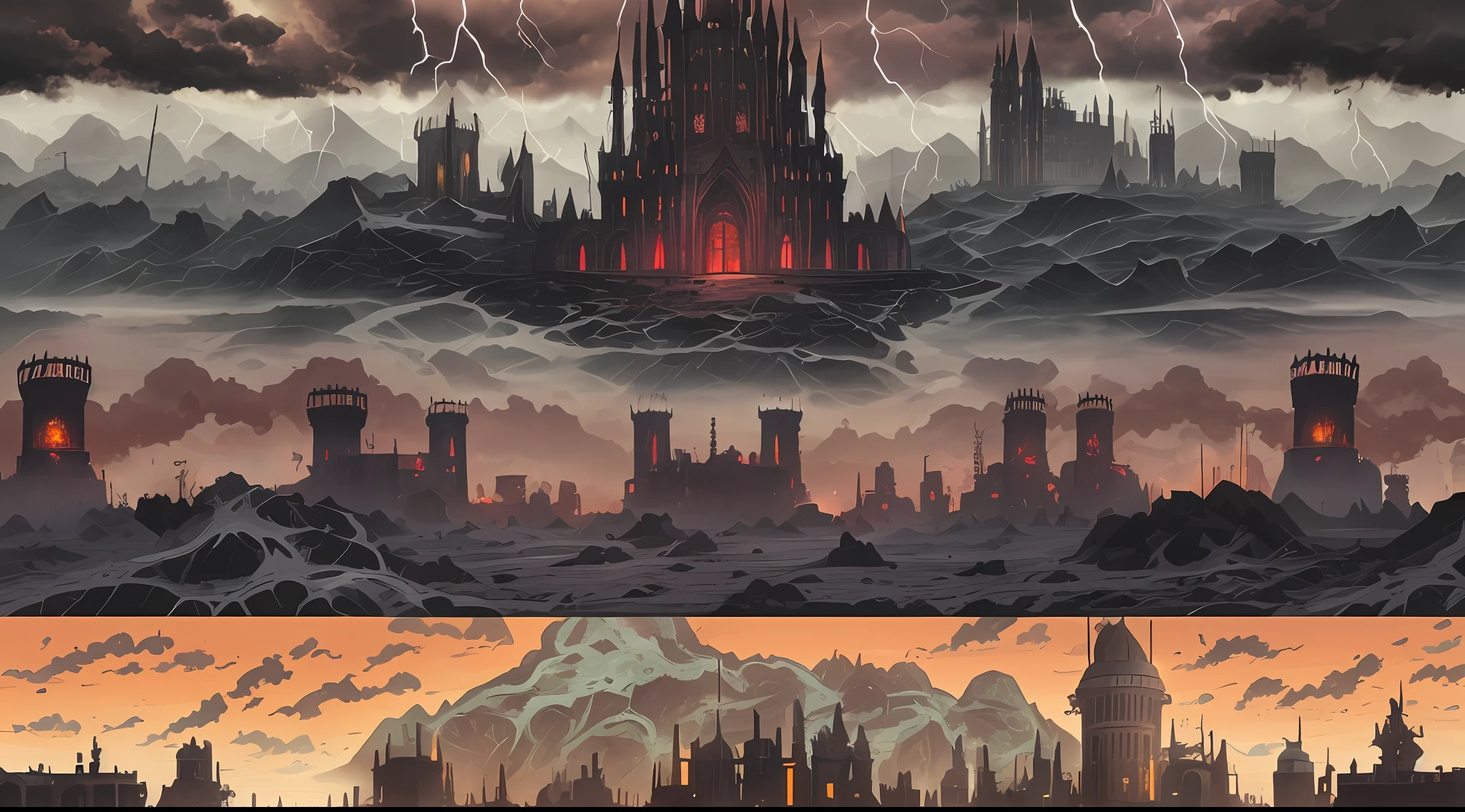 In a distant dystopian future, a massive dark castle stands as a symbol of oppression, situated on a desolate and barren landscape, surrounded by a toxic wasteland and polluted skies, ominous thunderstorms loom overhead, adding to the eerie atmosphere, Illustration, using a blend of traditional painting techniques and digital enhancements