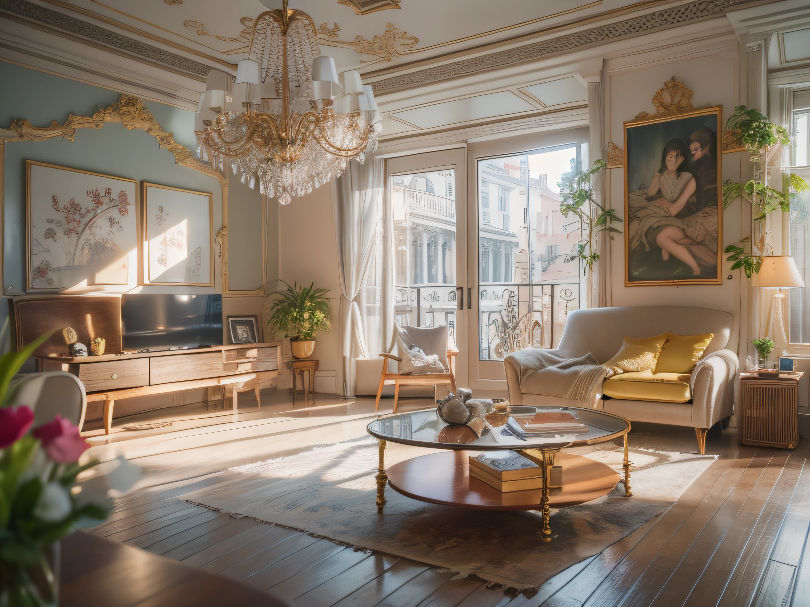 High-detail RAW color photography, Modern living room in avant-garde style, (higly detailed, hyper-detailing, Entanglement), (lens glare: 0,7), (bloom: 0,7), particle fx, ray traced, 电影灯光, Shallow depth of field, photographed with Sony a9 II, 50mm wide angle lens, sharp-focus