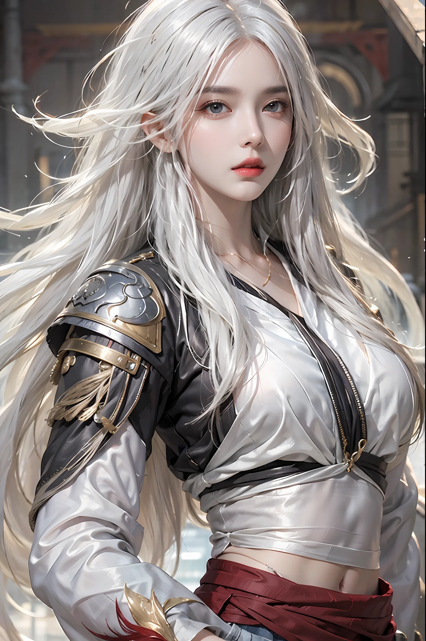 photorealistic, high resolution, 1 women, solo, hips_up, hips up, beautiful eyes, long hair, white hair, look at viewer, close lips, detailed face, long hair, NARAKA BLADEPOINT outfit, martial style