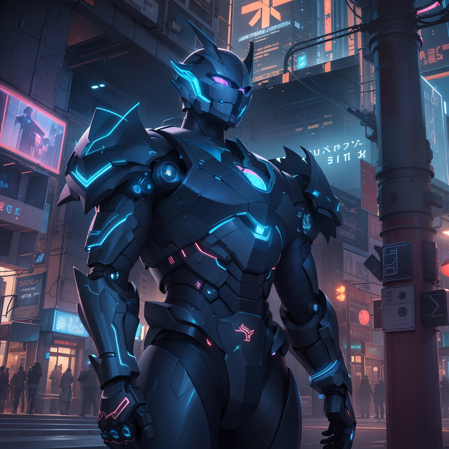 (extremely detailed CG unity 8k wallpaper,masterpiece, best quality, ultra-detailed),(best illumination, best shadow, an extremely delicate and beautiful),dystopian cityscape,neon lights,reflective black and blue armor,robotic warrior,guard.