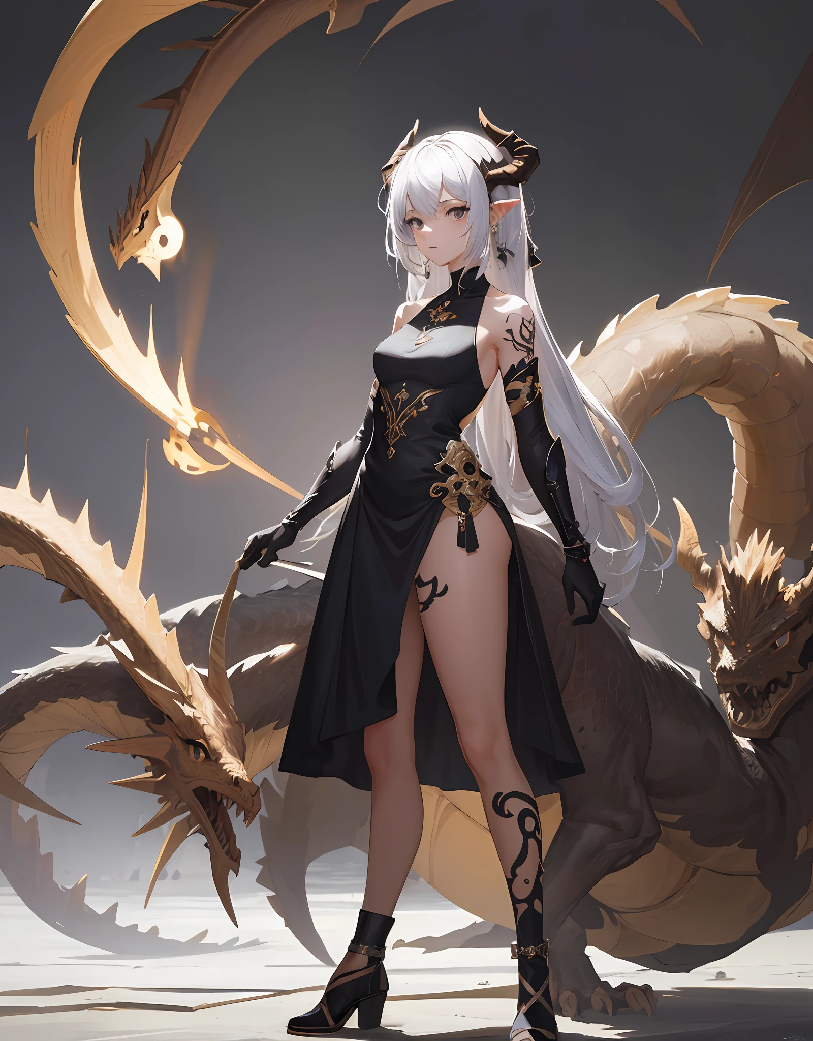 masterpiece, best quality, absurdres, perfect anatomy, standing, 1girl, solo, arm tattoo, bare shoulders, sleeveless, dress, dragon girl, dragon horns, jewelry, tail