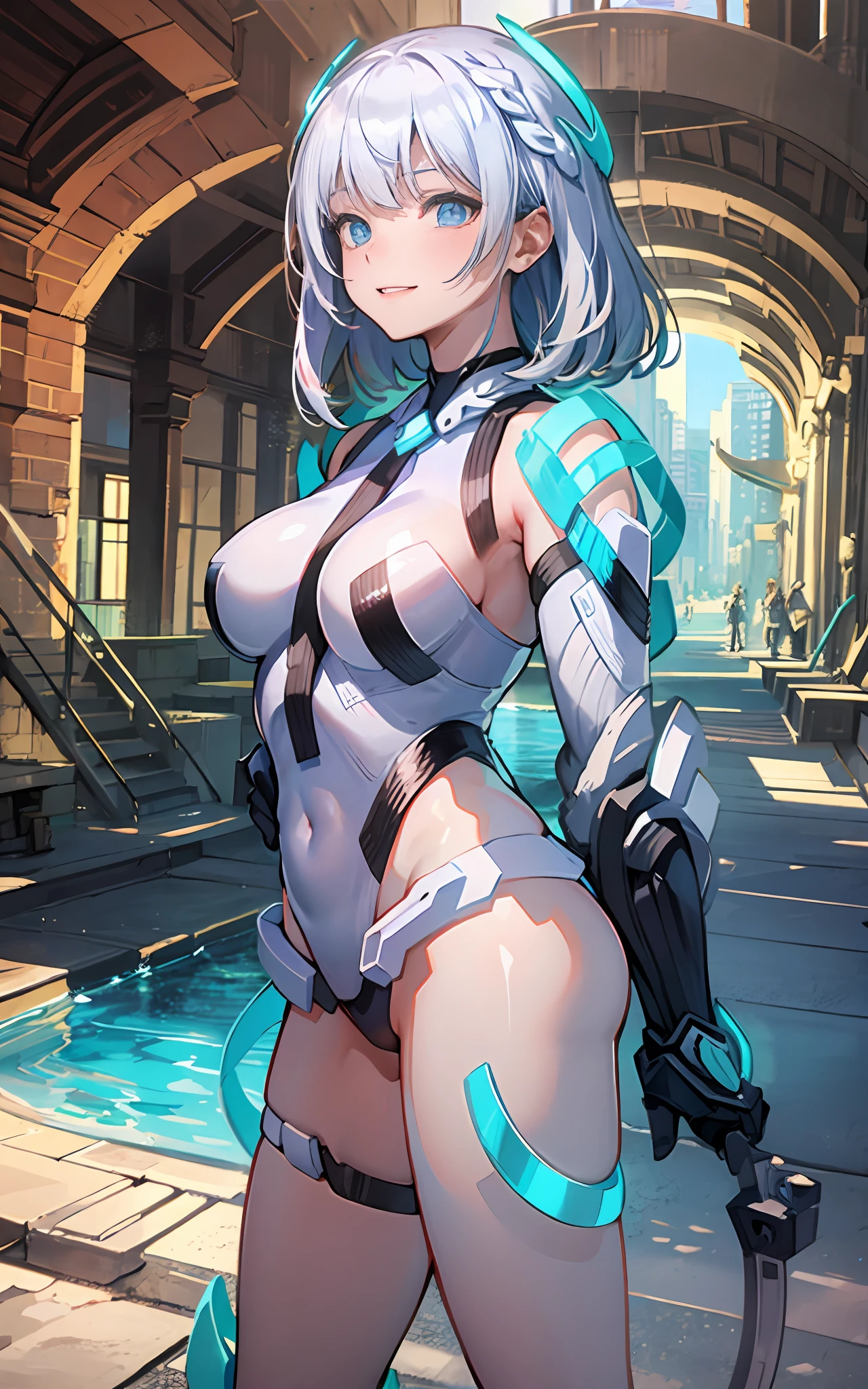 light smile, deva battle suit, outdoors, silver hair, bobhair, blue eyes, waistshot