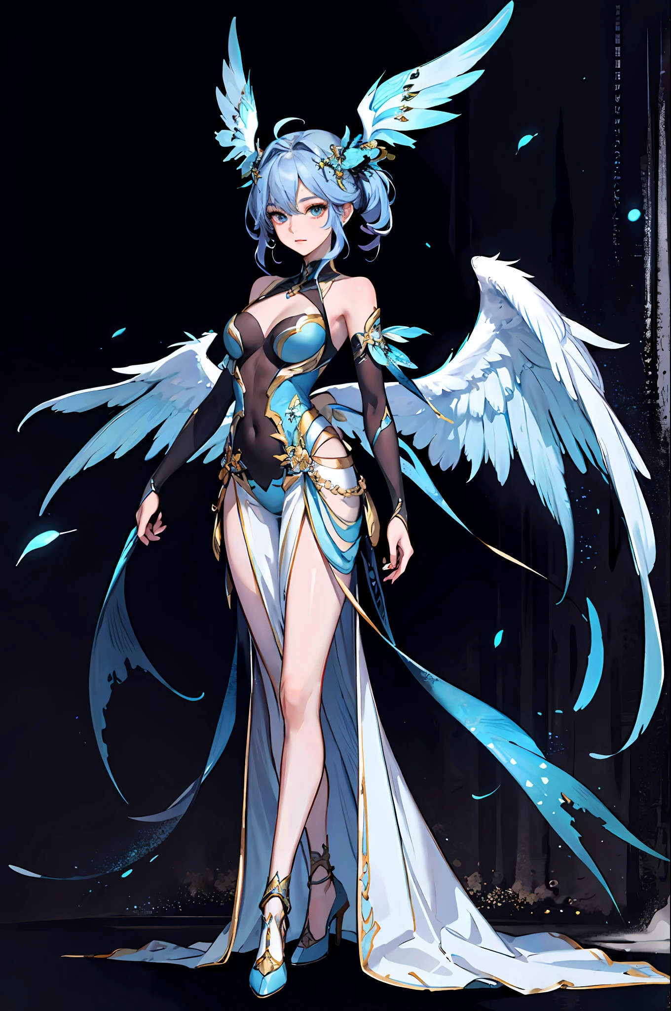 (Masterpiece:1.2, Best quality), 1 female angel、Full body standing painting,Detailed and beautiful face,Blue wings grow on the back、with black background,tmasterpiece,best qualtiy