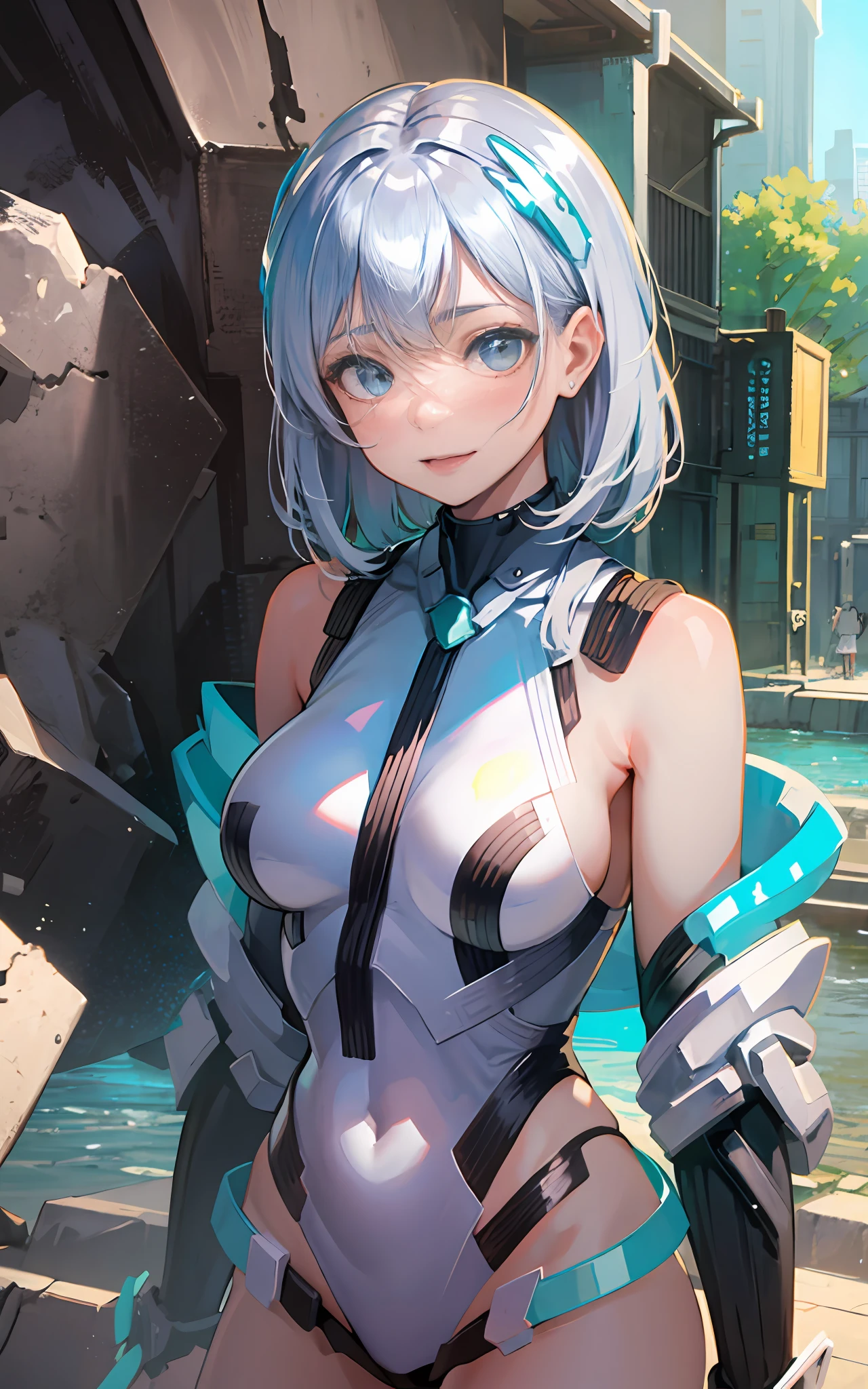 light smile, deva battle suit, outdoors, silver hair, bobhair, blue eyes, waistshot