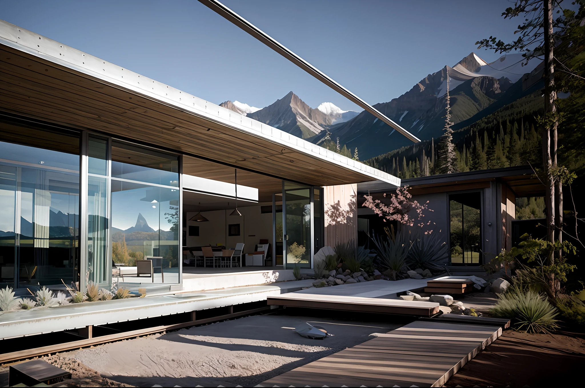 steel frame structure, concrete wall, prefabricated houses, large sliding glass door ,with eaves, gravel yard, RAW photo, nature, epic futuristic, fade, warm, glow at sunset ,sunset lighting,  raw, hdr, (mountains:1.3), standing in the forest, natural skin, 8k uhd, high quality, film grain, Fujifilm XT3, cinematic, slate grey, dramatic light, architecture, shadow in front, 5pm,