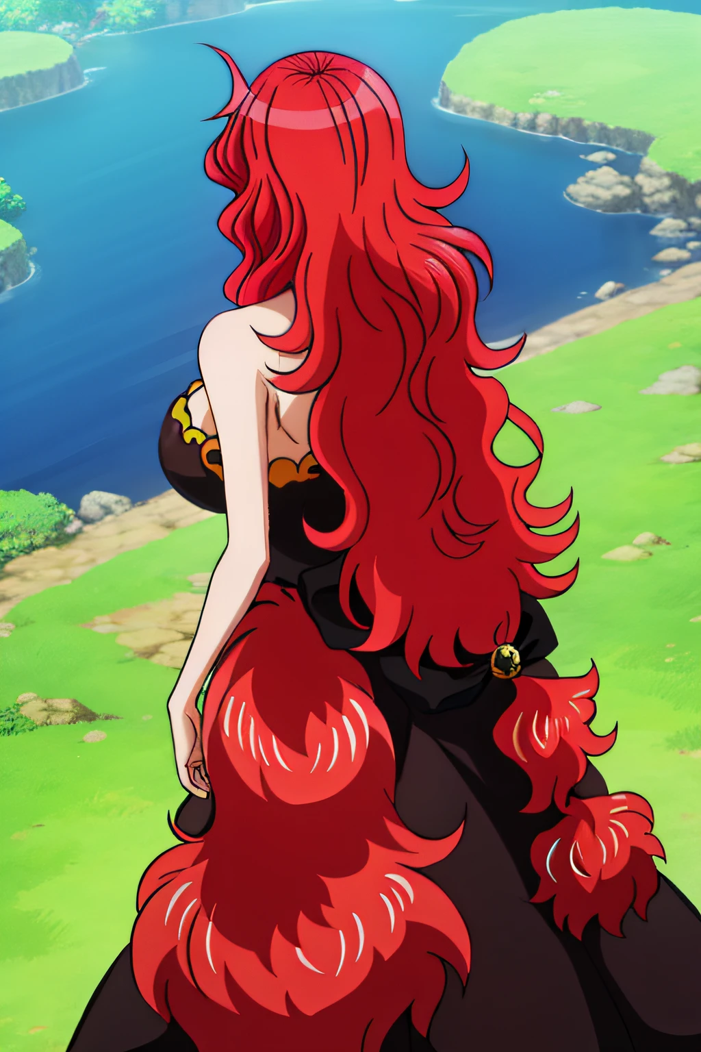 tall woman, back view, big hair, red hair, wavy hair, black dress, art by Eiichiro Oda