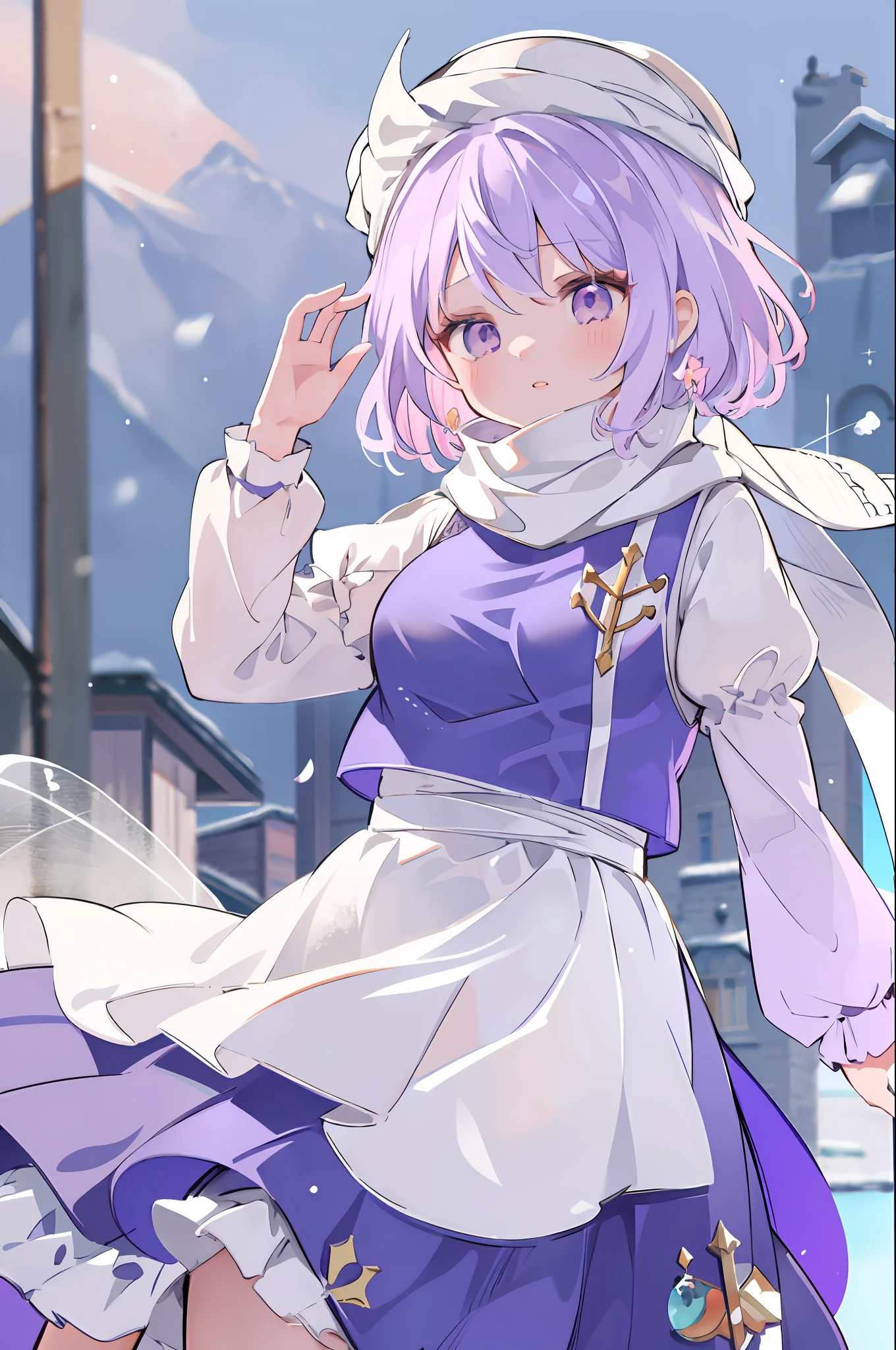 masutepiece, Best Quality,   Outdoors,Snow,1girl in,Letty Whitelock, hat, scarf, Short hair, Light purple hair, Purple eyes, Long sleeves,Puffy sleeves,Waist apron,Skirt,