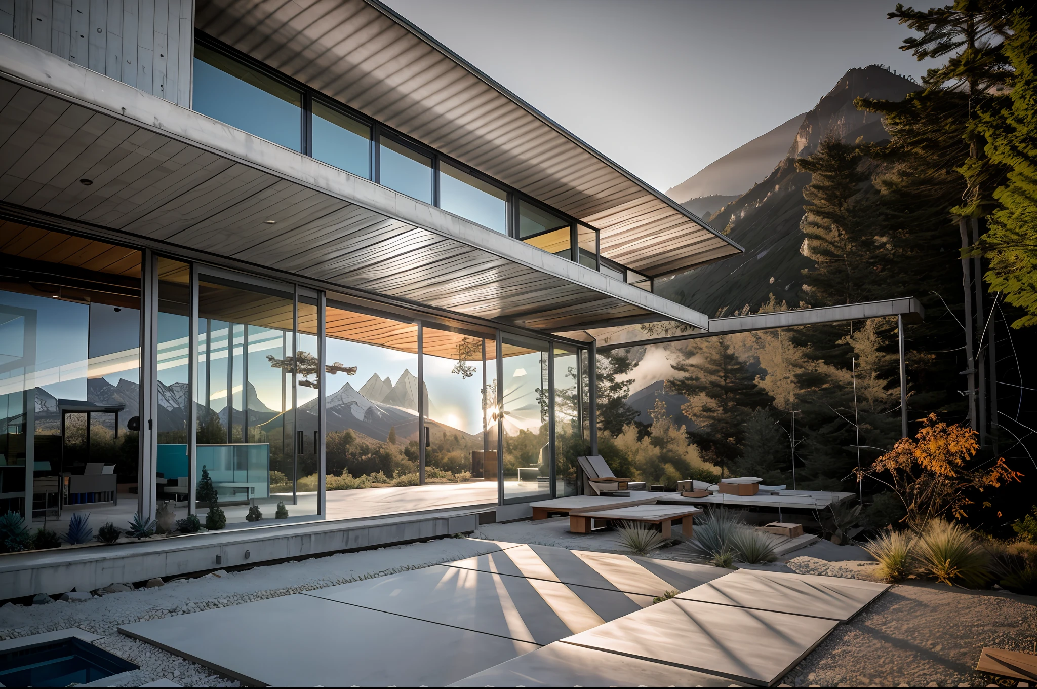 steel frame structure, concrete wall, prefabricated houses, large sliding glass door ,with eaves, gravel yard, RAW photo, nature, epic futuristic, fade, warm, glow at sunset ,sunset lighting, raw, hdr, (mountains:1.3), standing in the forest, natural skin, 8k uhd, high quality, film grain, Fujifilm XT3, cinematic, slate grey, dramatic light, architecture, shadow in front, 5pm,
