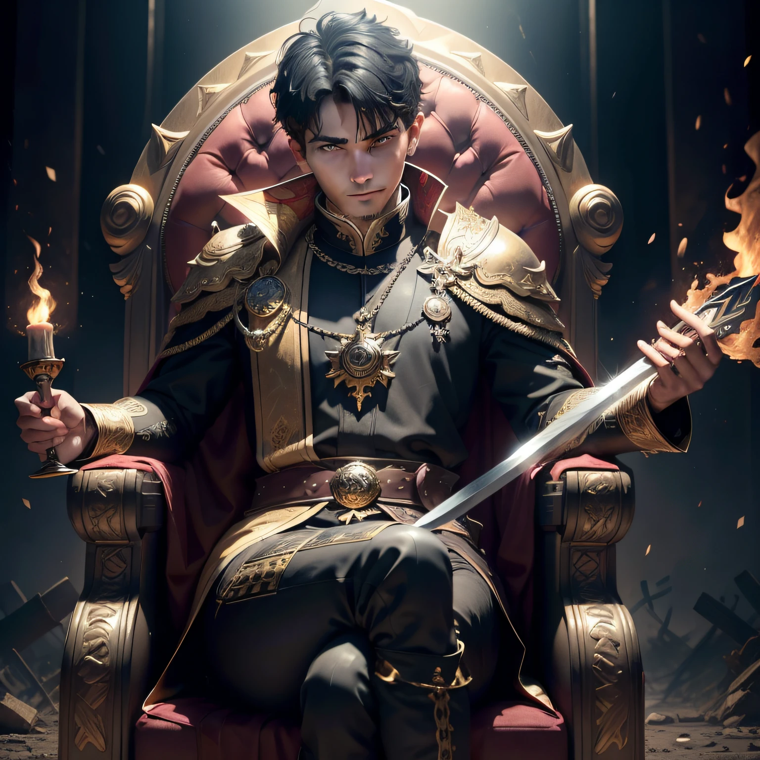 A man sits on a throne in a fire, black short hair, yellow eyes, mocking smile, Rich clothes, higly detailed, Split crown, On the ground in front of him lies a broken sword, Ambiance Lighting, detailized face, 8 K, HQ, View from afar, The man can be seen in full growth, Cities burn down in the background