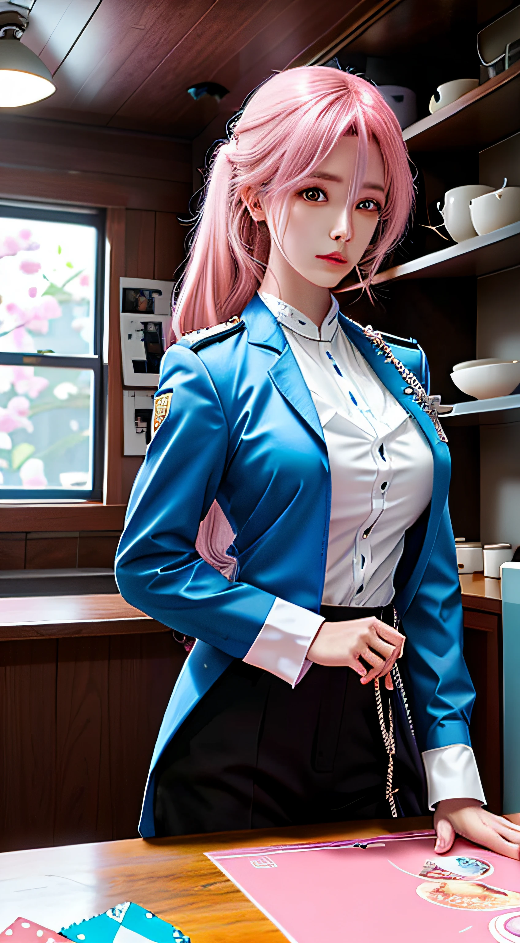 one-girl,Pink hair,Sexy uniform in blue,Poor milk,((Complicated details)),hdr,((Complicated details,ultra - detailed)),Cinema lenses,vignet,photorealestic