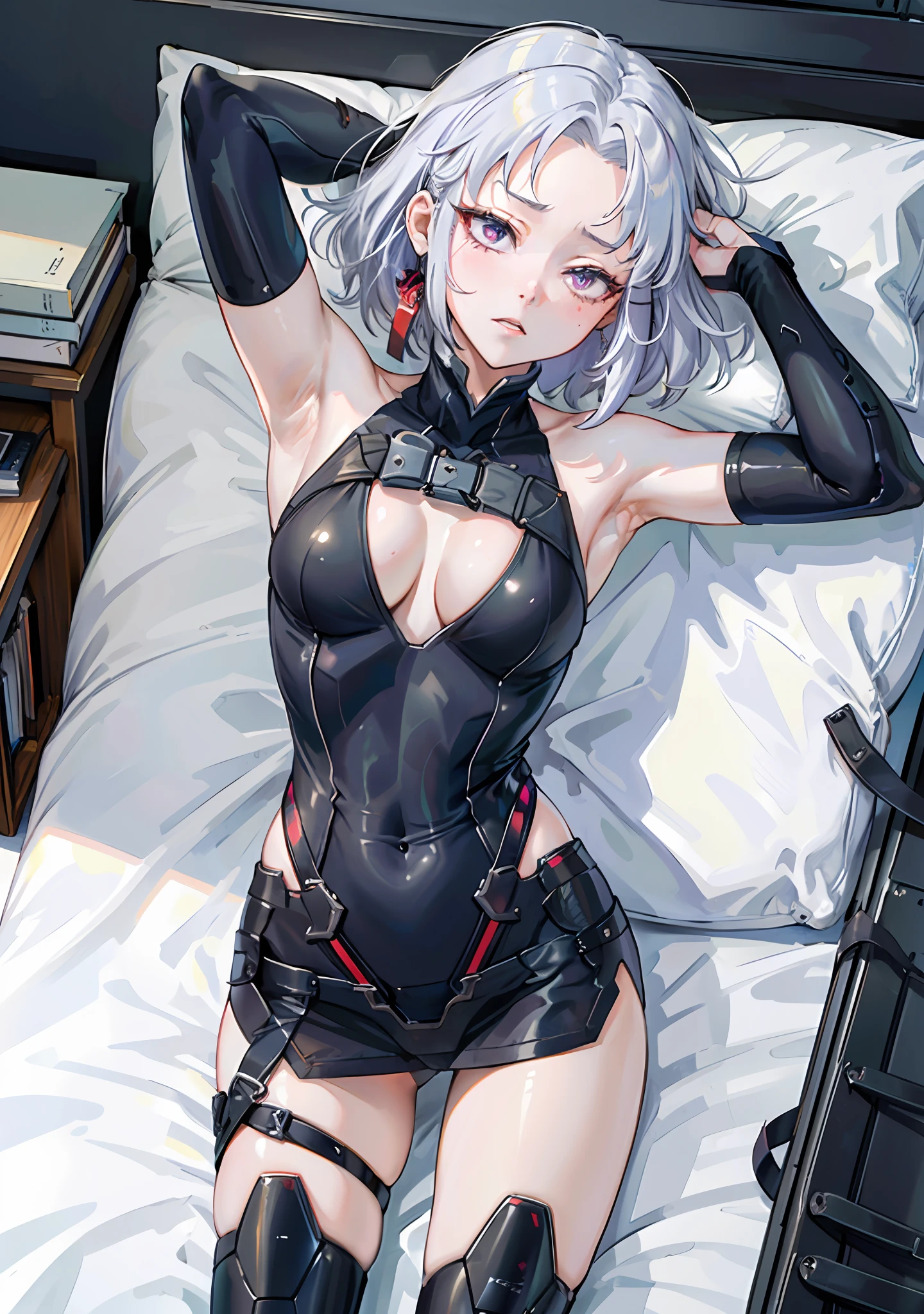 ((((masterpiece, best quality, high resolution)))), 1girl, naked, white hair, purple eyes, short wavy hair, average breasts, blush, ahegao, angry, glow, thighs, bare shoulders, collarbone, narrow waist, cleavage, (beautiful detailed face, beautiful detailed eyes), bedroom, night time, lying on bed, arms up, (from above view), hands behind head, see-through