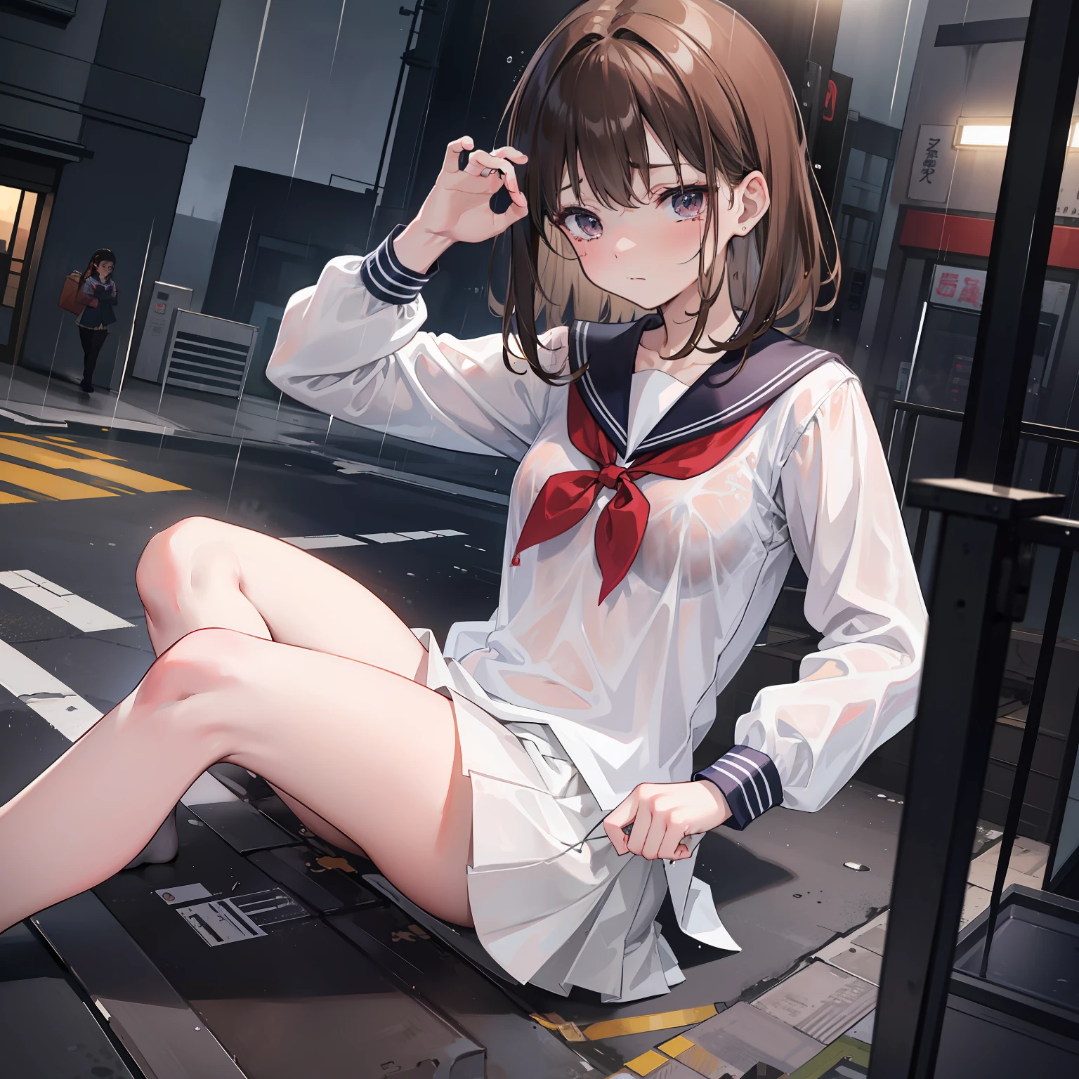 schoolgirl, Brown hair, Medium hair, Sailor suit, (Naked:1.1), Nipples (Blushing:1.0), Detailed face, Roadside, POV crouching，Expose the inside of your legs，Best Picture Quality， tmasterpiece， 超高分辨率， （fidelity：1.4）， photore， 1 Pure girl，[（grieves）]，white  shirt， dimly lit， darkly， be desperate， pitying， cute little， cinematic ligh， tears， tear drop， （torn laundry：1.5）， （wetclothes：1.4）， exposed bare shoulders， Real rain， Wet hair,..