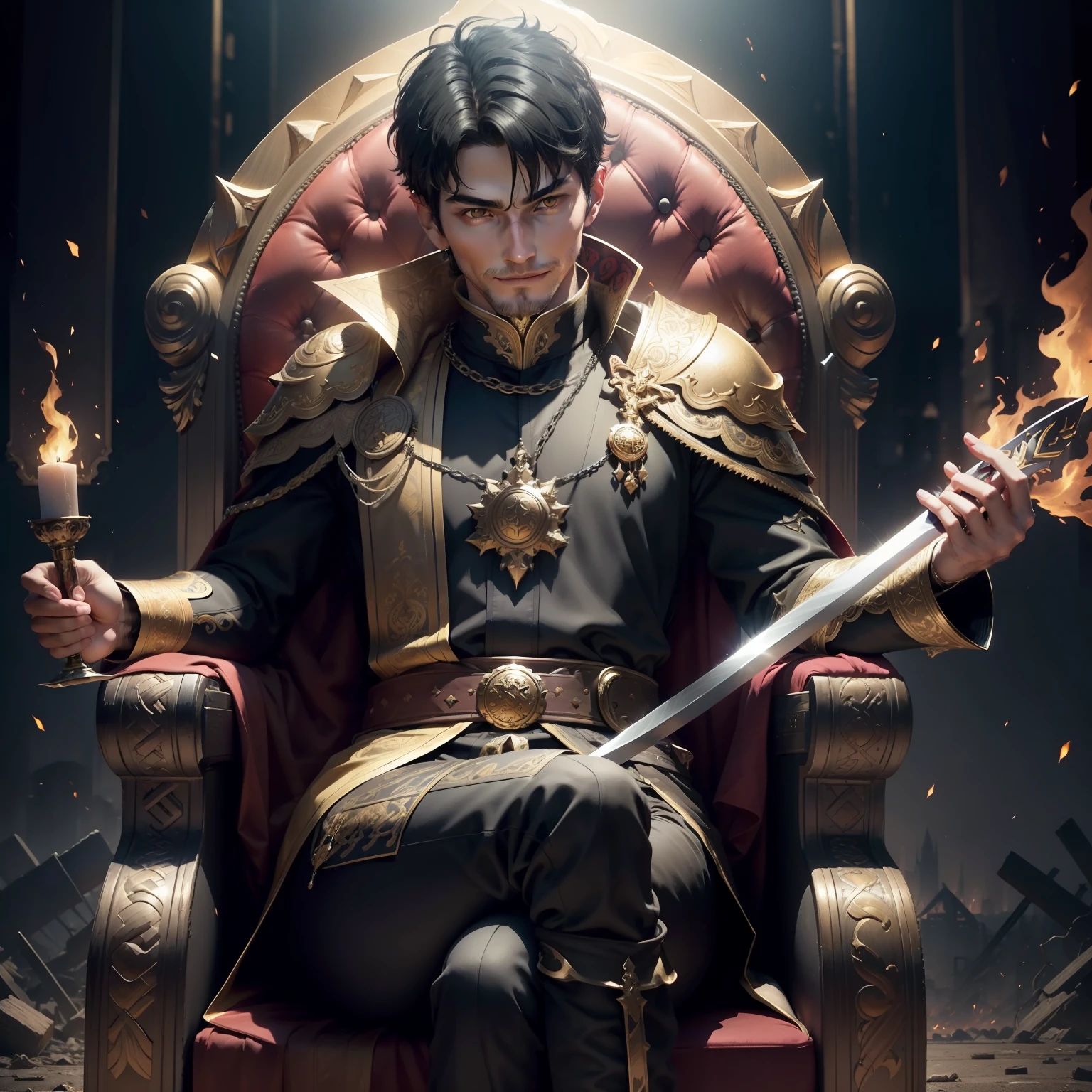 A man sits on a throne in a fire, black short hair, yellow eyes, mocking smile, Rich clothes, higly detailed, Split crown, On the ground in front of him lies a broken sword, Ambiance Lighting, detailized face, 8 K, HQ, View from afar, The man can be seen in full growth, Cities burn down in the background