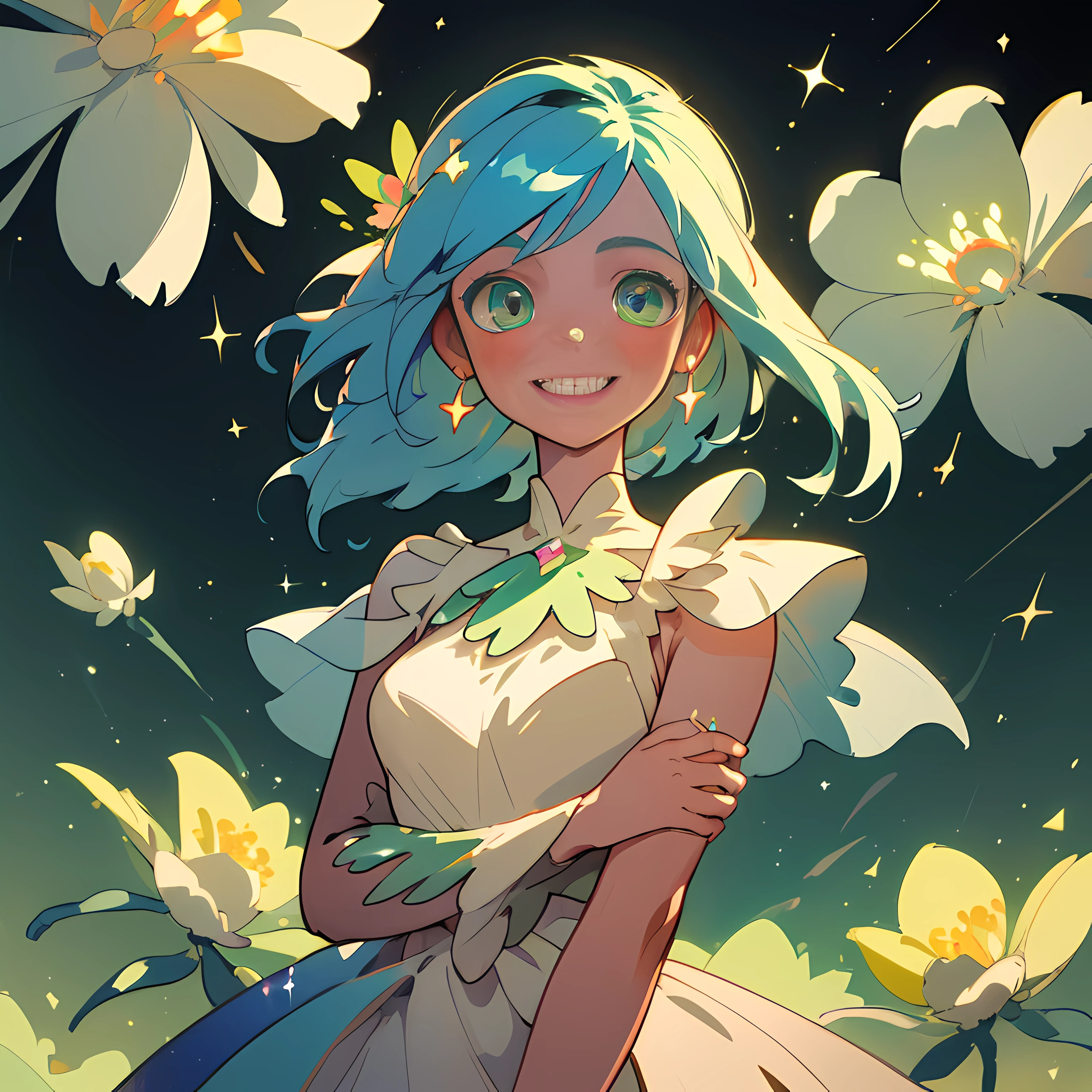 (Best quality, masterpiece) 1girl, desert, glitter, flowing dress, particles, gentle breeze, blooming flowers, focused on upper body, dark background, green eye contact, blue hair, A smile of joy