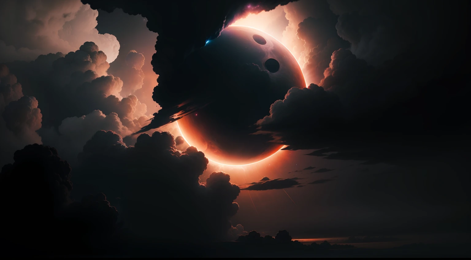 Eclipse in the sky, nebula, storm, clouds, dark, apocalyptic,