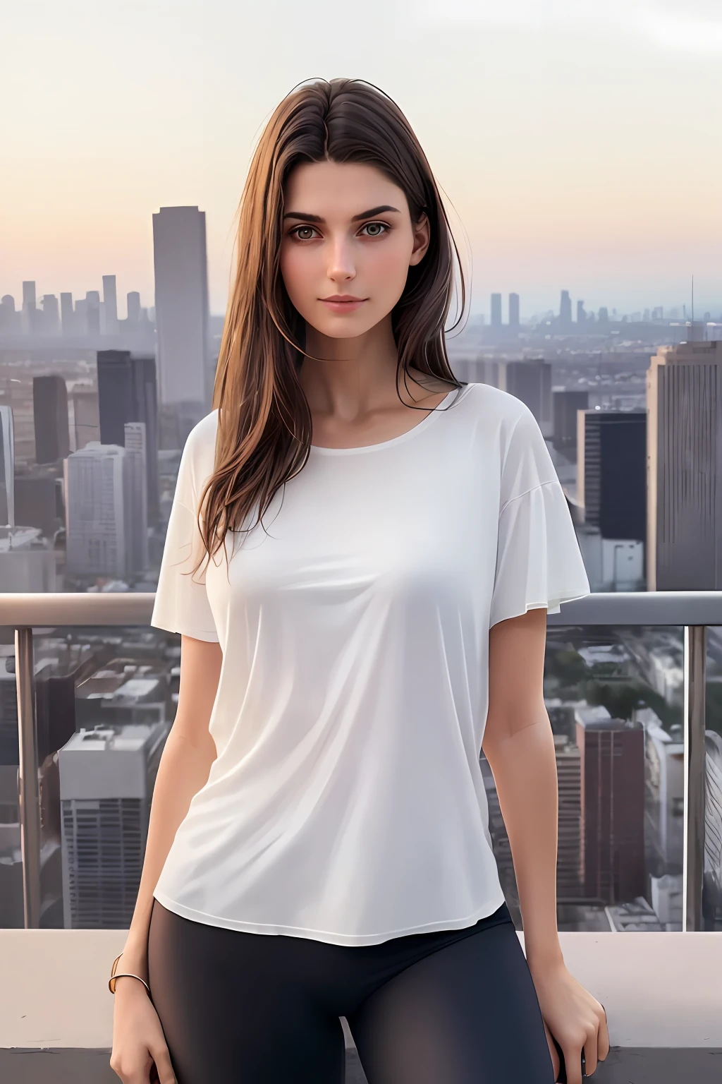 photo of 22 year old beautiful Spanish woman wearing casual white Teeshirt, round neck plain Tee-shirt full length, with a and leggings, perfact body perfect breast, black hair's, standing in front of a city skyline at sunrise, messy medium hair, slim perfect body, medium upper body shot, looking at the camera, short smile, shallow depth of field, 8k uhd, dslr, soft lighting, high quality, photorealistic, realism, hyperrealism, art photography