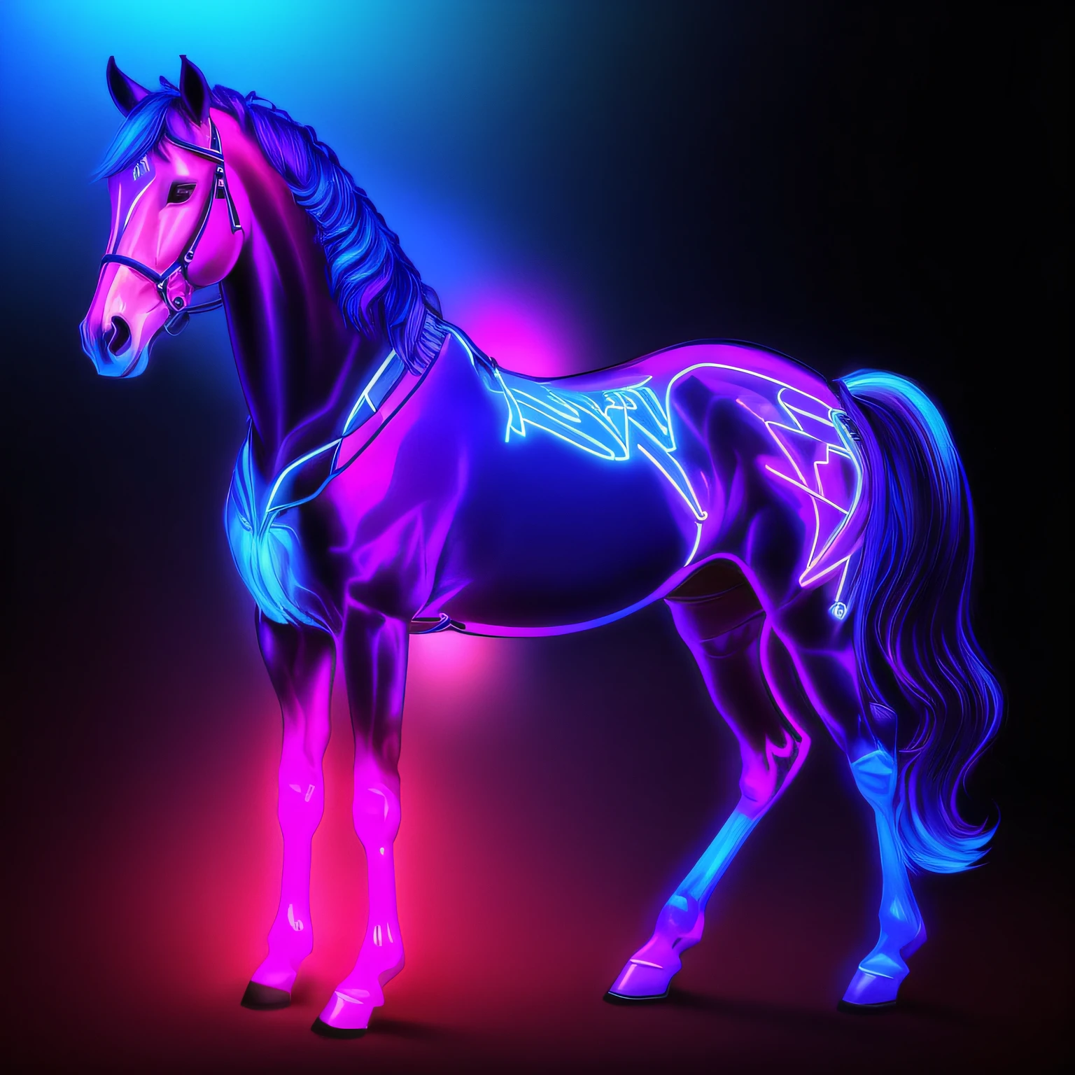 a closeup of a horse with a blue and purple pattern on it, Cavalo digital, Neon helmets, equino anatomicamente correto, arte conceitual neon glow, contorno neon, com runas brilhantes no corpo, Lowres, Horse, luminescence,altamente detalhado, neon edges on bottom of body, cores ultravioleta e neon, neon outlines